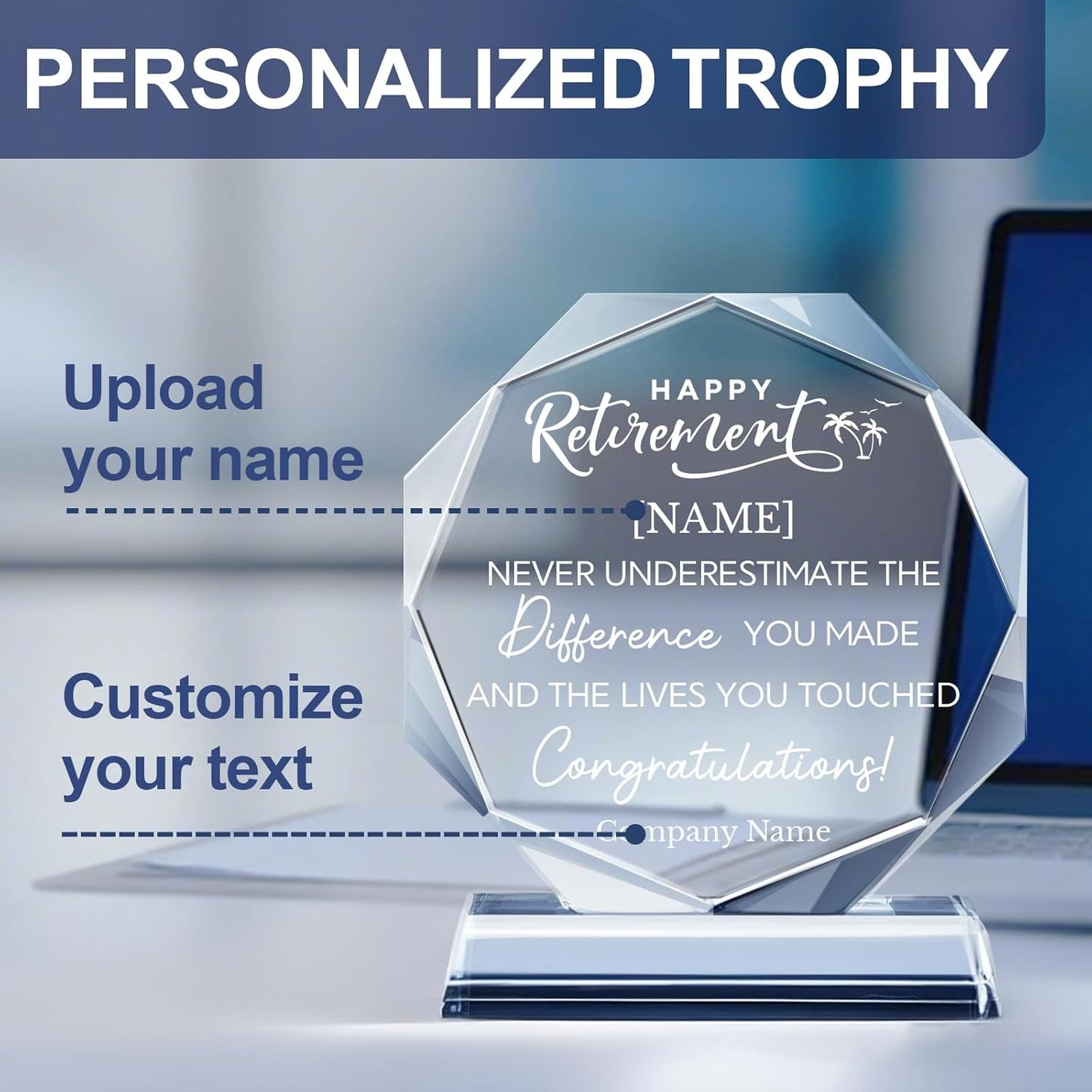 Personalized Crystal Trophy Award - Custom Plaque w/Engraved Text Logo - Employee Appreciation Gifts, Farewell Retirement Gifts - Custom Trophy and Employee Recognition Awards