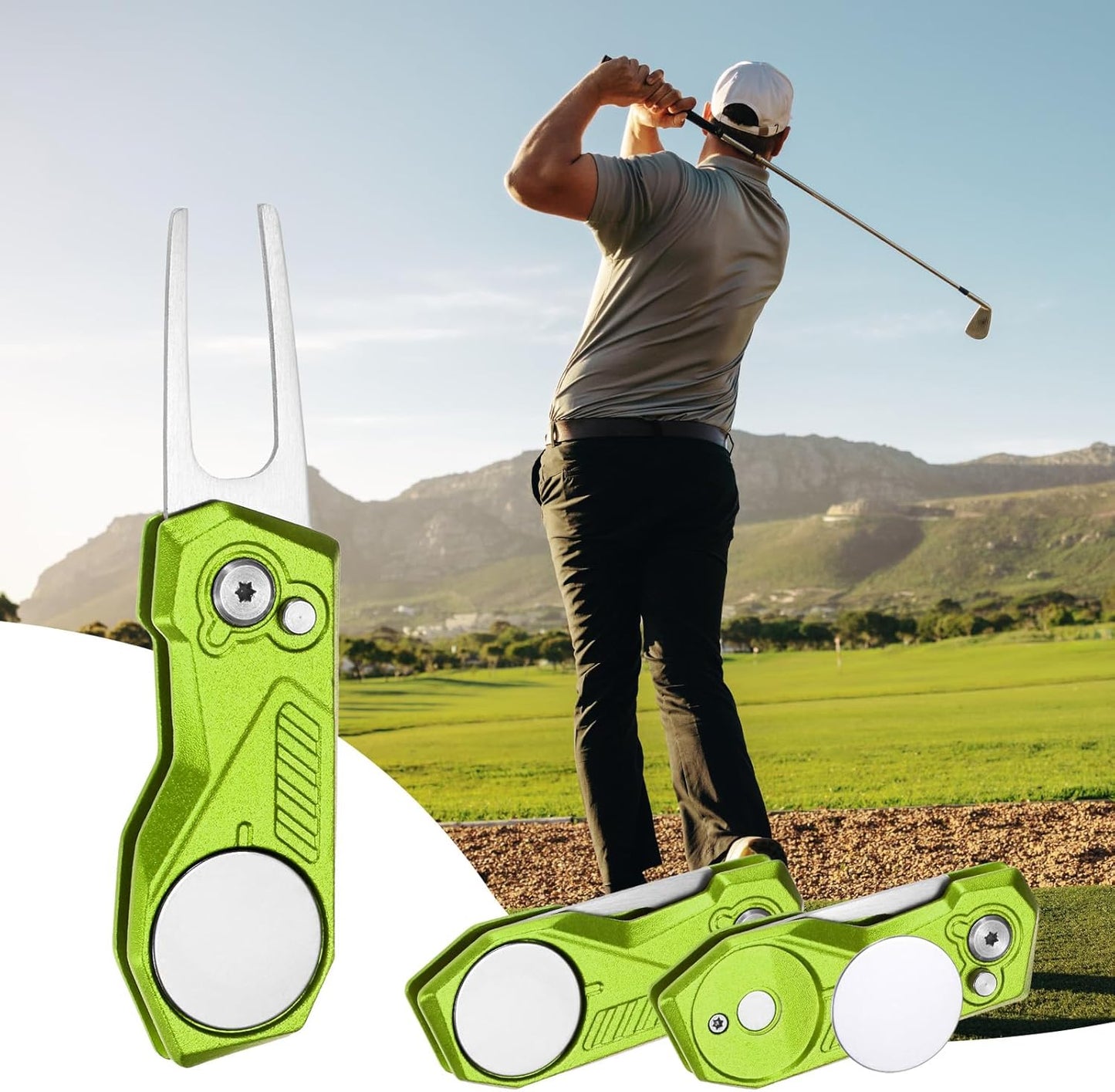 Golf Divot Repair Tool- Switch Foldable Divot Tool with Magnetic Ball Marker & Open Button Use for Golf Accessories