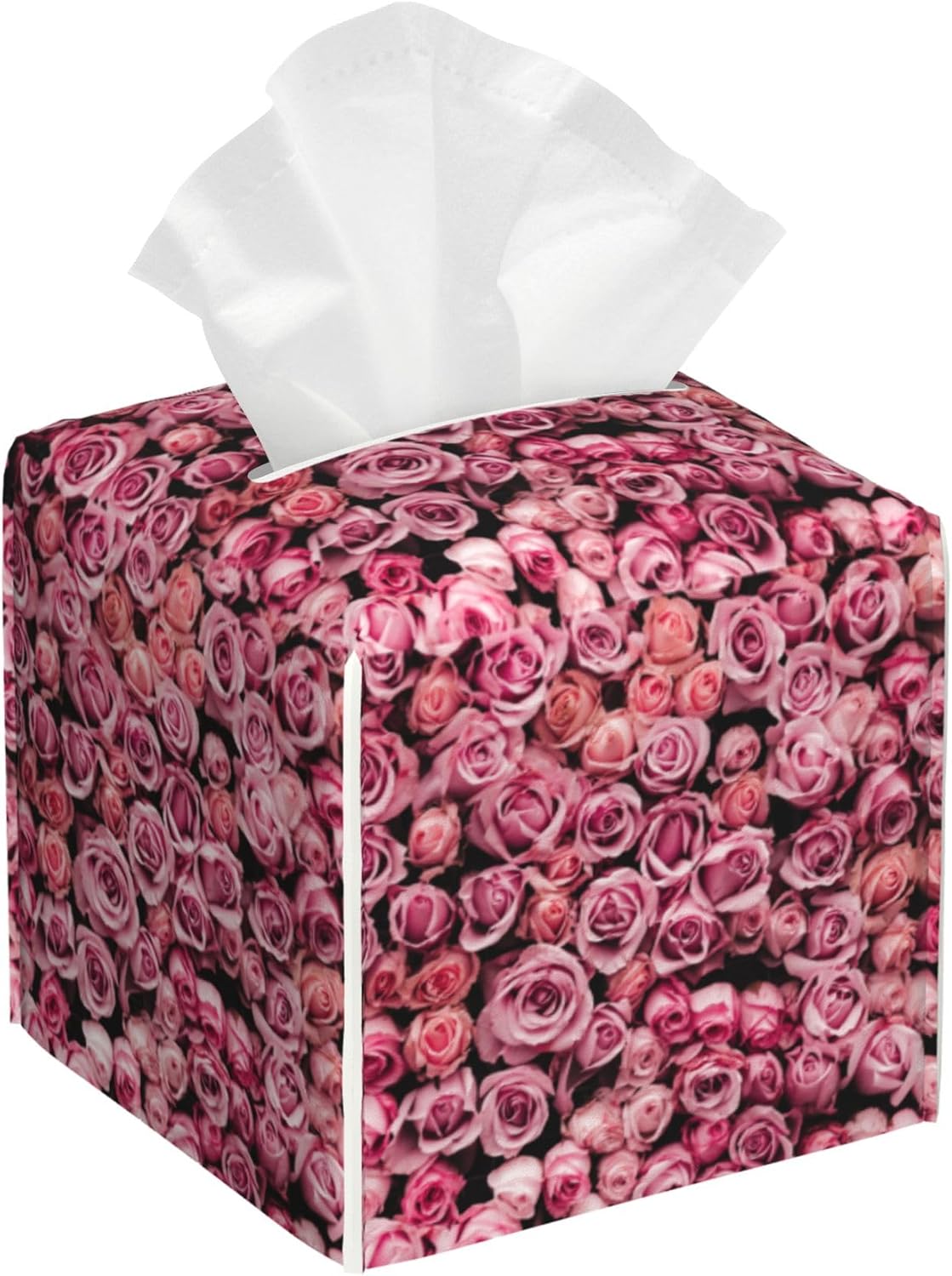 Pink Rose Flower Tissue Box Cover Leather Tissue Box Holder Square Facial Paper Organizer Dispenser for Bathroom Kitchen Bedroom Vanity Countertop Night Stands
