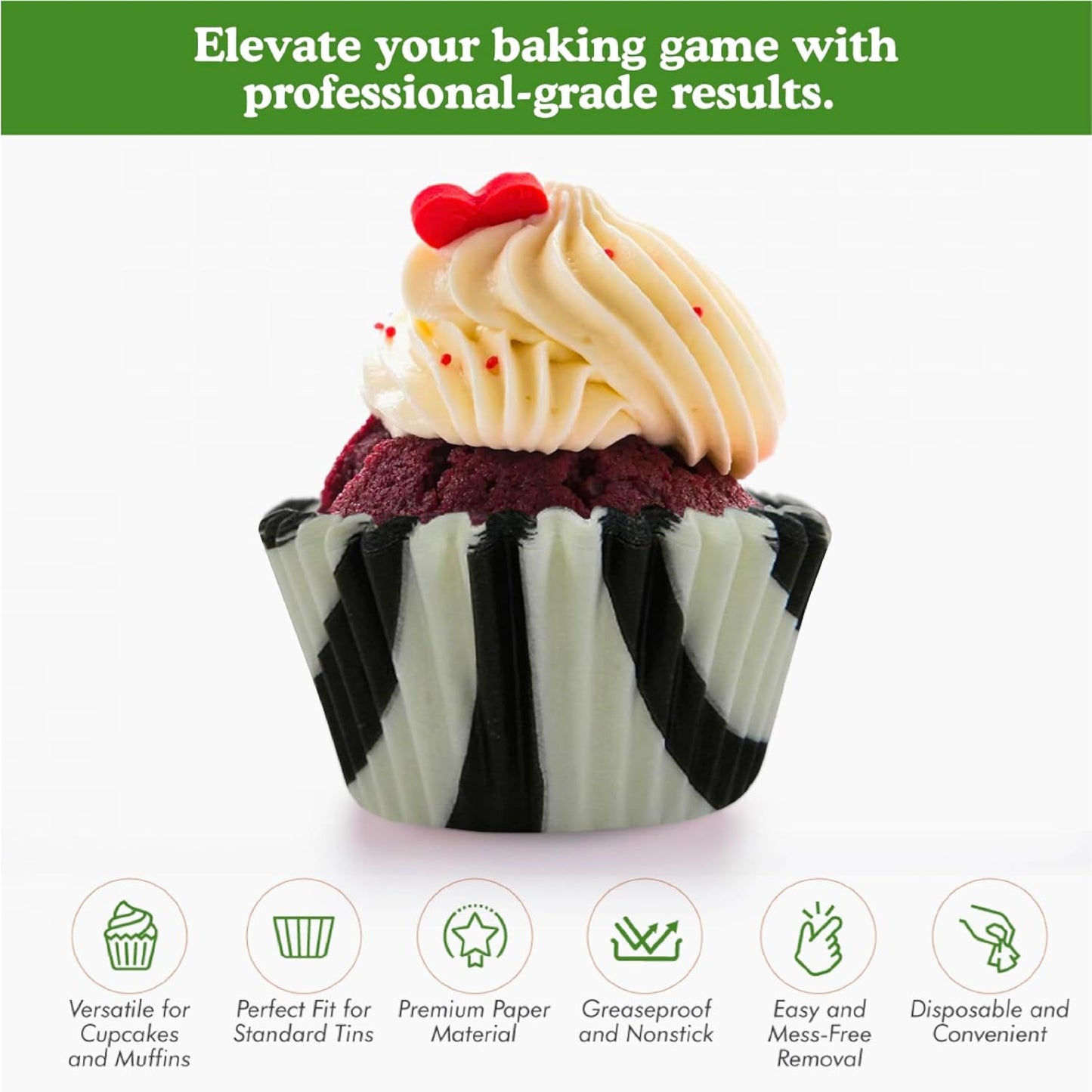 Regency Wraps Greaseproof Professional Grade Baking Cups, Pack of 40, Standard Liners, Black/White Zebra, for Cupcakes, Muffins, Candy, Non Stick