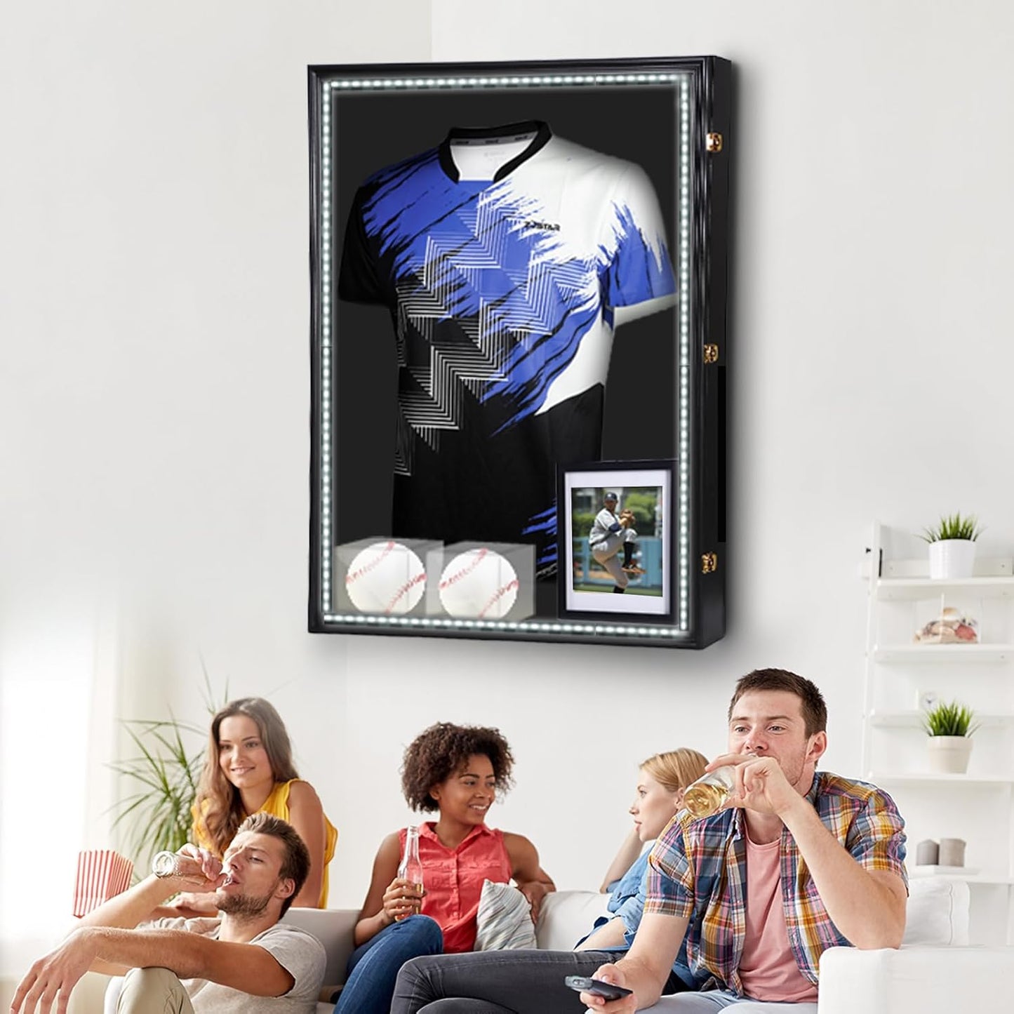 CDEN XL LED Jersey Frame, Extra Large Jersey Frame Display Case, Sweater Display Case, with 98% UV Protection, Hangers, LED Light Strip, with Baseball Case, Photo Frame, Power Bank Included (1-Pack)