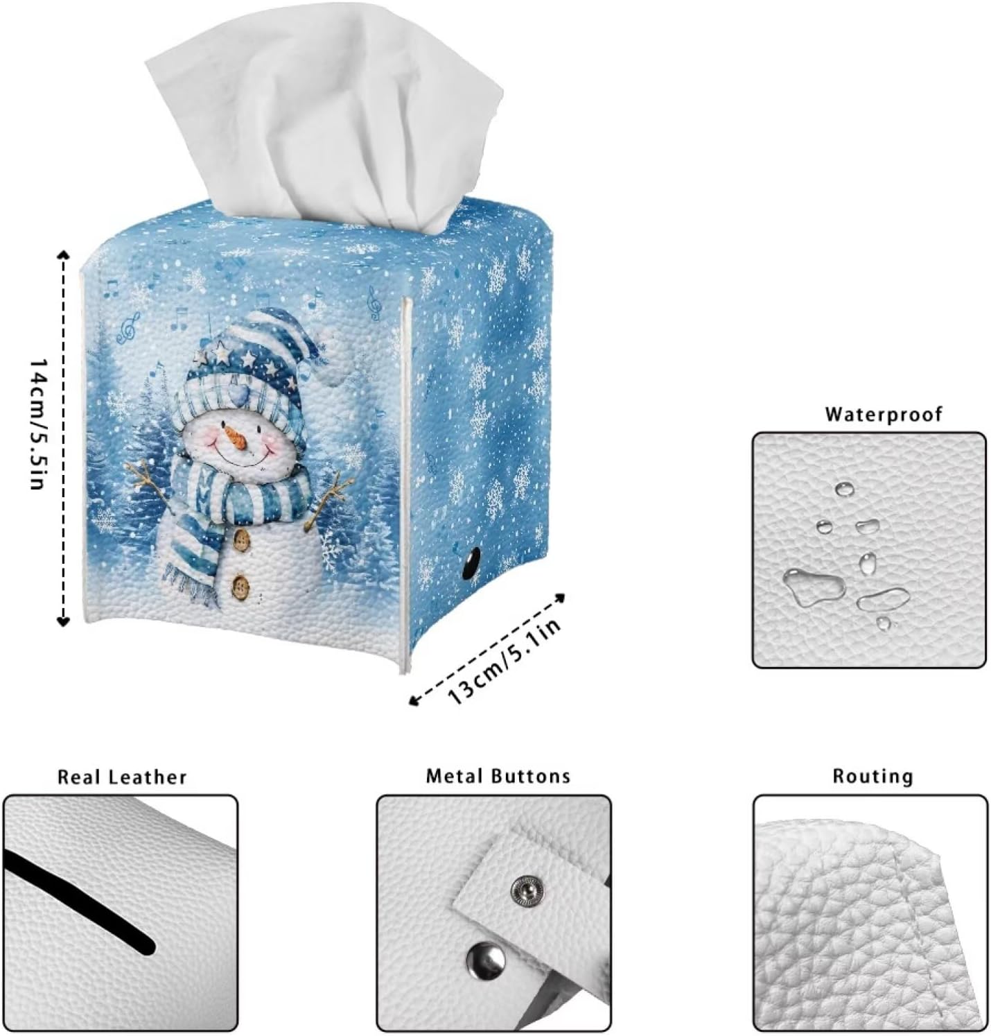 Cute Snowman Tissue Box Cover Christmas Tissue Cover Square Leather Facial Paper Box Holder for Desk Bathroom Vanity Countertop 5x5x5 inch Holiday Home Decor