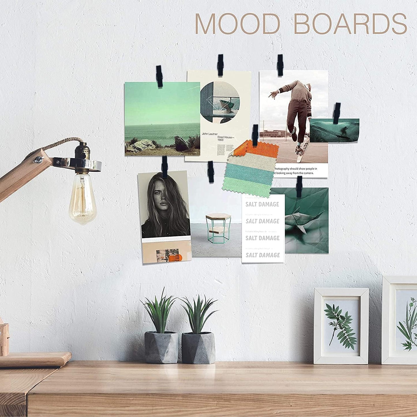 50 Pack Mini Self Adhesive Clips for Pictures - Black Wood Clip Photo Holders for Wall, Poster Hanger, Photo Cards Hanging Display Board & Picture Boards, Artwork Photos Holders Card Room Decor