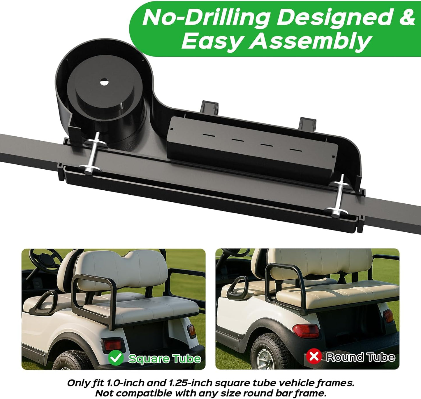 Golf Cart Armrest with Cup Holder - Universal Fit for EZGO/Club Car/Yamaha Rear Seat, Fits 1”/1.25” Square Tube Frames, Durable ABS Construction, Phone Holder, No Drilling