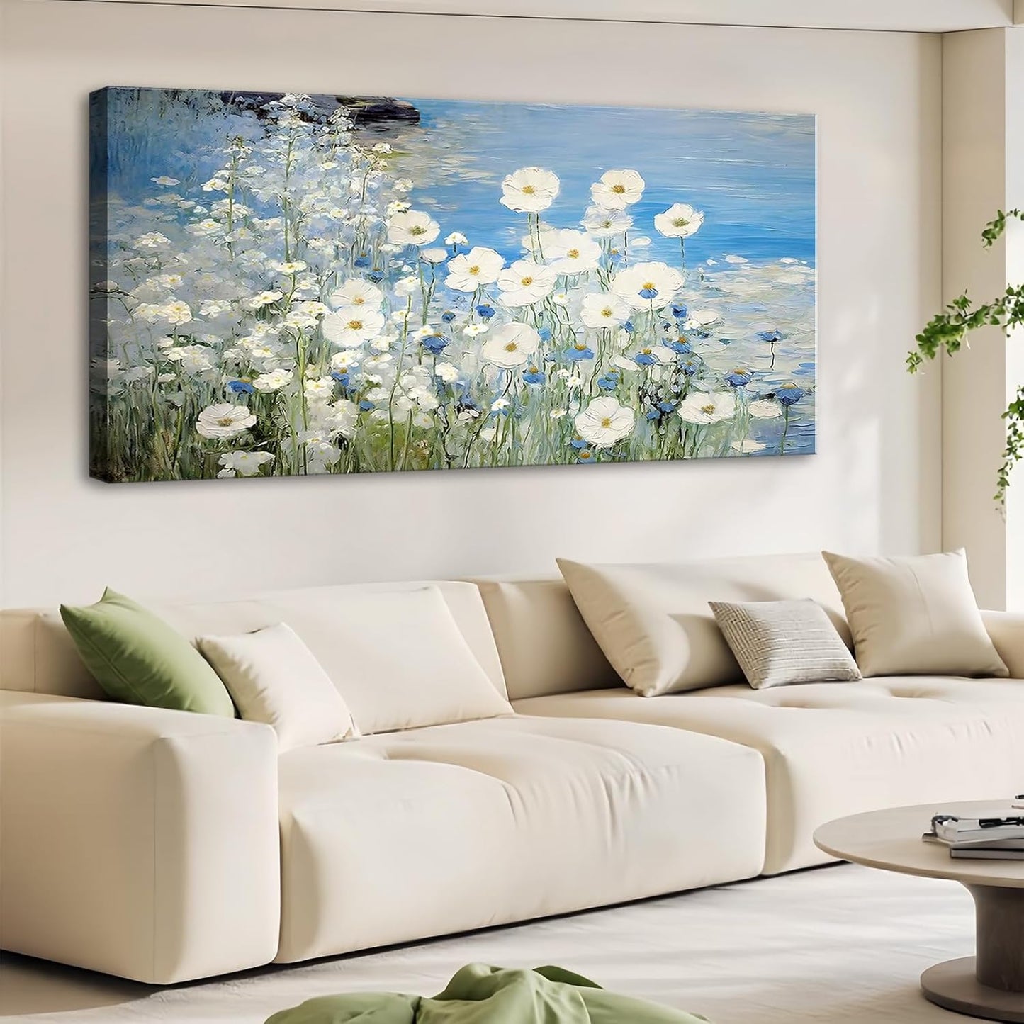 dgbtcart White Daisy Flower Wall Art Picture Decor, 3D Blue Texture Landscape Painting Modern Artwork Canvas Print for Living Room Bedroom Office Home Decoration - 20"x40"
