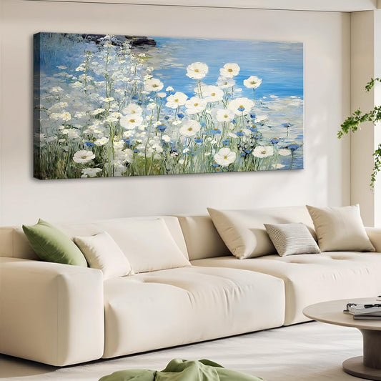 dgbtcart White Daisy Flower Wall Art Picture Decor, 3D Blue Texture Landscape Painting Modern Artwork Canvas Print for Living Room Bedroom Office Home Decoration - 20"x40"