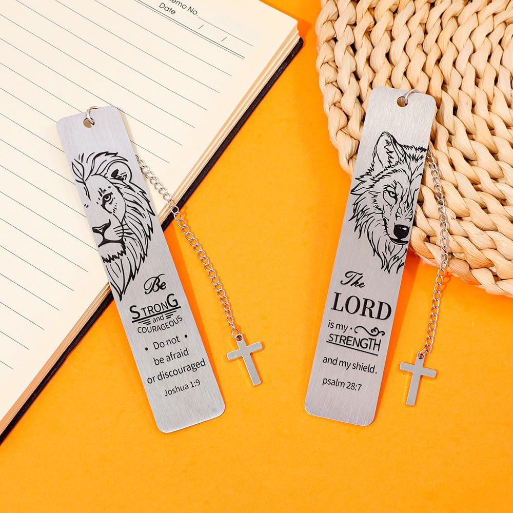 Metal Bookmark Man of God, Silver Inspirational Lion and Wolf Verse Book Mark with Cross Pendant, Religious Scripture Bookmark Accessories for Men Church Baptism Gifts (2PCS)
