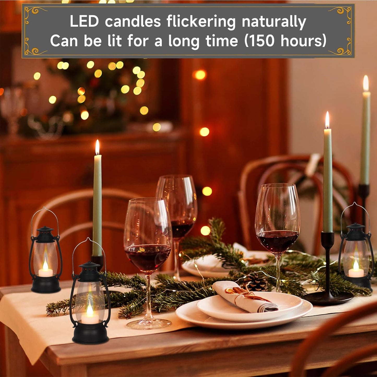 12Pcs Mini Lantern for Cowboy Halloween Christmas Wedding, Black 6" Candle Lantern with Flickering LED for Camping Western Party Decorations, Table Centerpiece, Hanging Lamp Ornaments Bulk