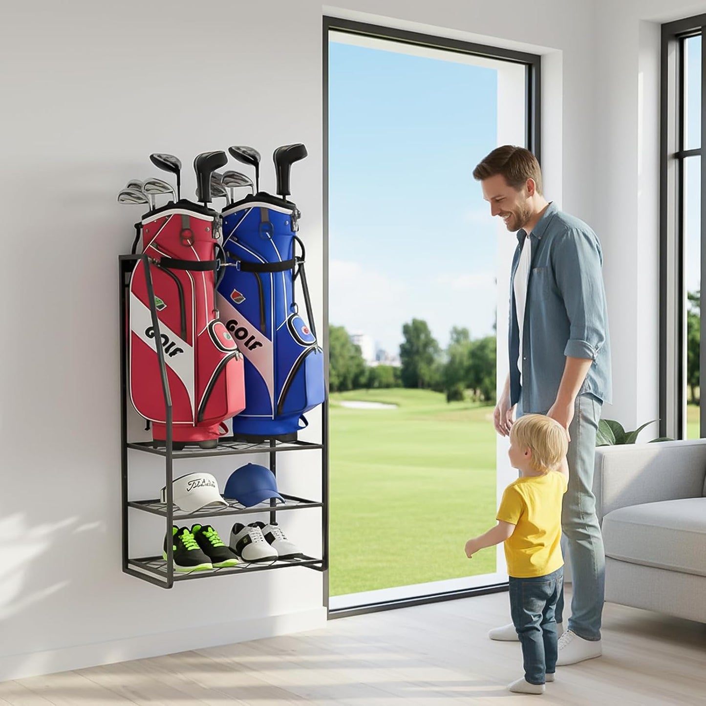 Wall Mount Golf Bag Organizer for Garage, Heavy Duty Golf Storage Rack Holds 2 Bags, Freestanding Golf Bag Stand and Accessories Holder for Home & Shed