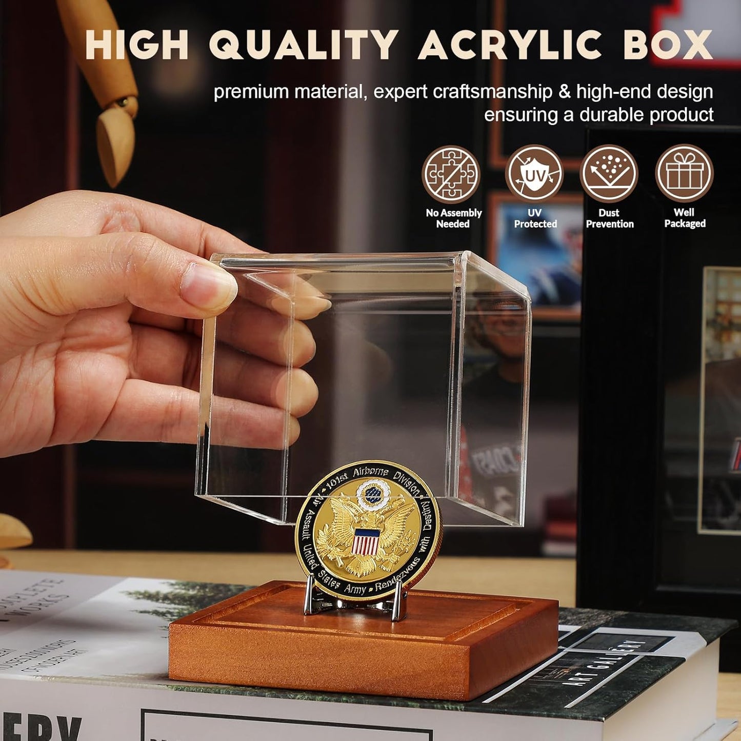 JupDec Coin Display Case, Clear Acrylic Showcase with Wood Base & Alloy Holder for Single Challenge Coin, UV Protection Souvenirs and Collectibles Box, Ideal Gift for Coin Fans, Brown
