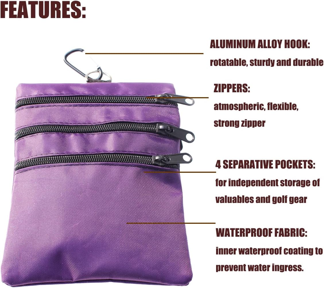 Golf valuables Pouch, Zipper Golf Ball Bag with 4 Pockets, Golf Accessories Pouch for Storing Balls,tees,Mobile Phone,Keys, Cards and Cash, Great Gift for Golfers