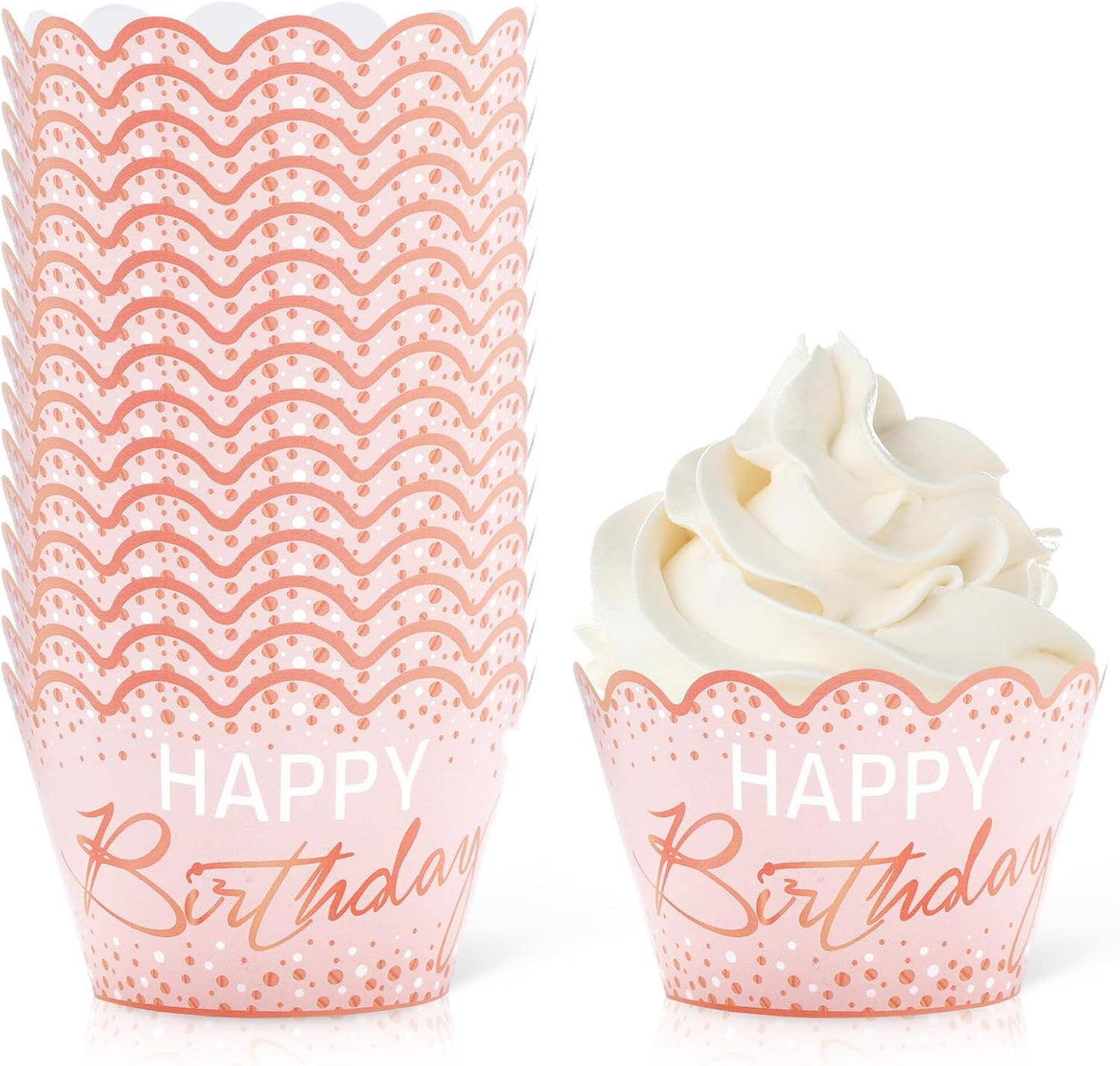 Whaline 36Pcs Happy Birthday Cupcake Wrappers Pink Dots Cupcake Liners Decorative Cupcake Holders for Baby Shower Birthday Party Cake Decoration