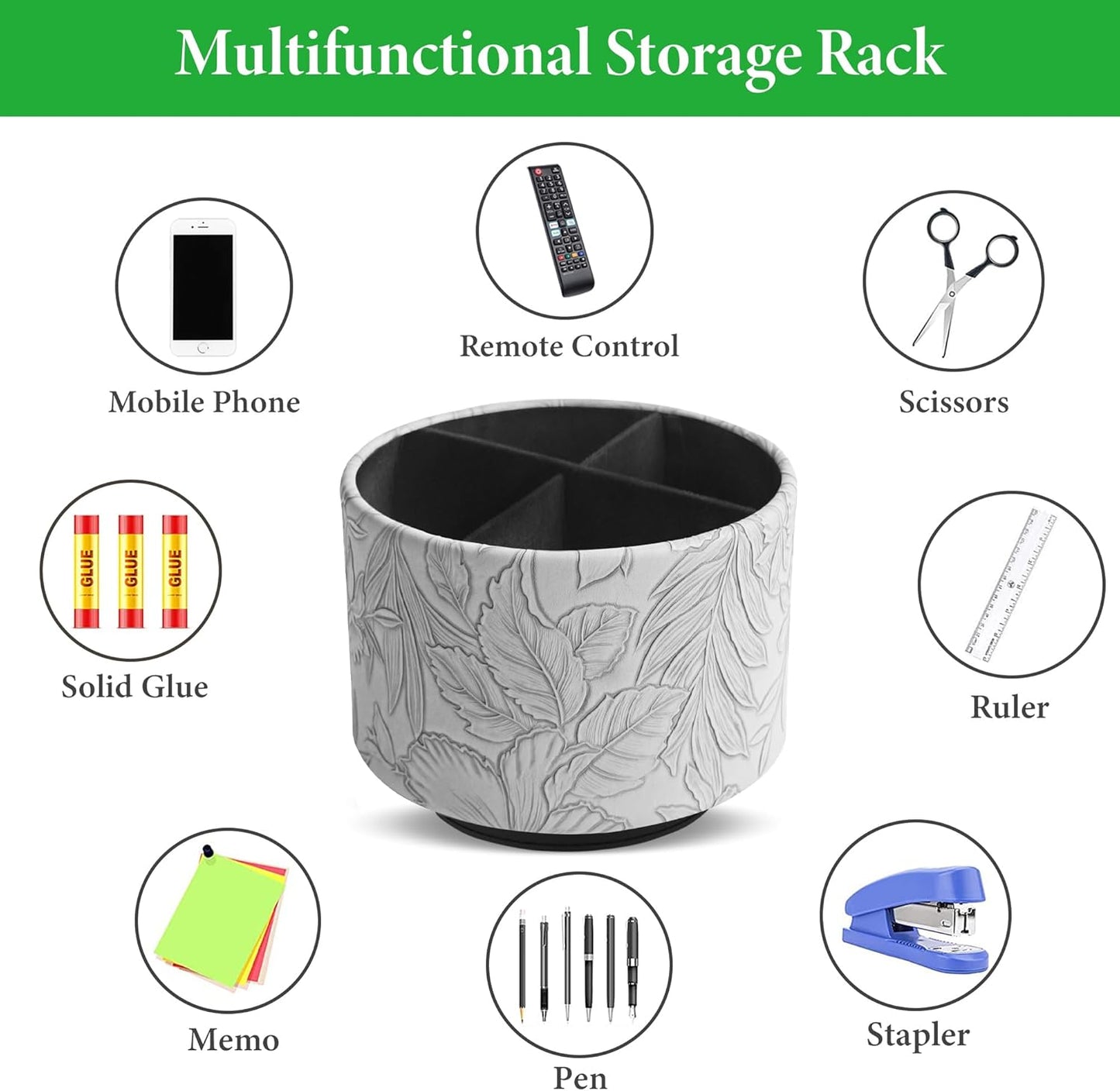 Hennaja Round Leather Art Supply Organizer,Remote Control Holder,360 Degree Spinning,Multi-Functional Pencil Holder,4 Compartments Desktop Stationary Organizer(1-Carved Grey)