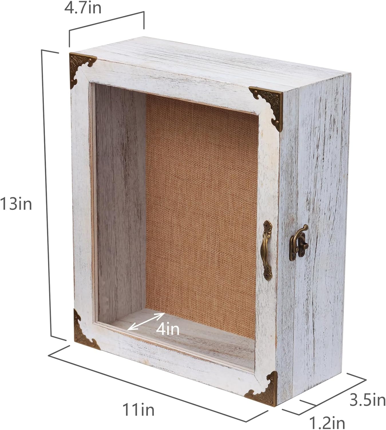 Shadow Box 11x13 Display Case, 5 Inch Extra Deep Shadow Box Frame , Acrylic Door, White Solid Wood Shadow Box with Linen Back & Pins, Rustic Metal Corners, Wall Mounted Keepsake Display Cabinet