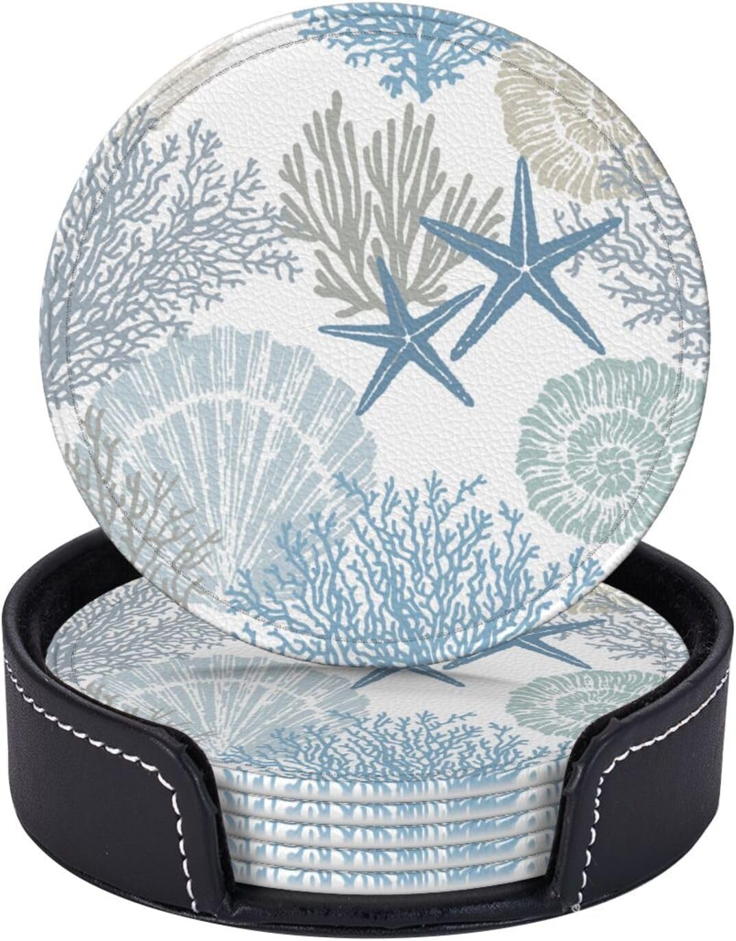 Nautical Sea Shell Star Coral Coastal Coasters for Drinks Round Leather Coaster with Holder Set of 6 for Tabletop Protection Desk Accessories Office Home Room Decor