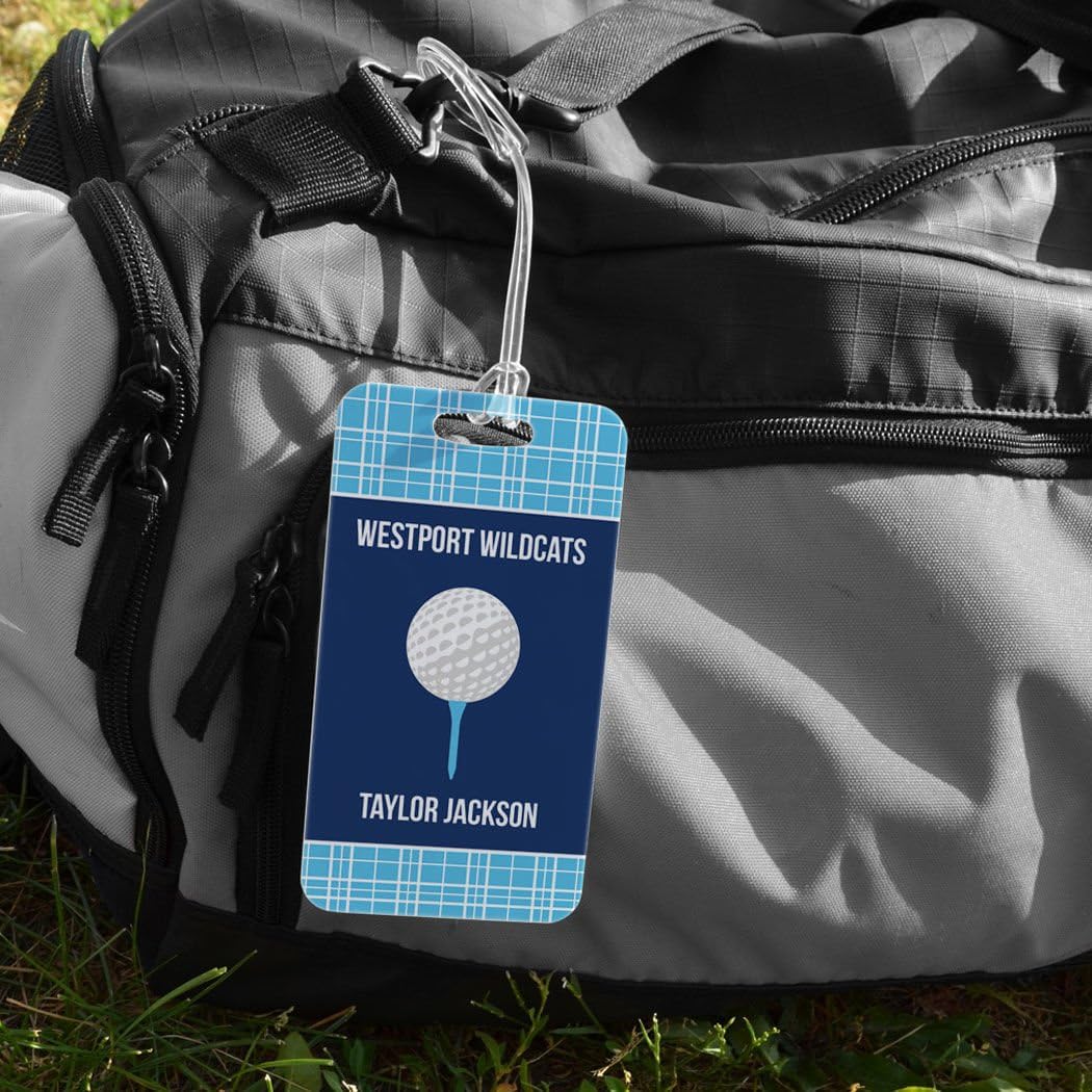ChalkTalkSPORTS Golf Luggage & Bag Tag | Personalized Team with Golf Ball | Standard Lines on Back | Large | Carolina/Navy