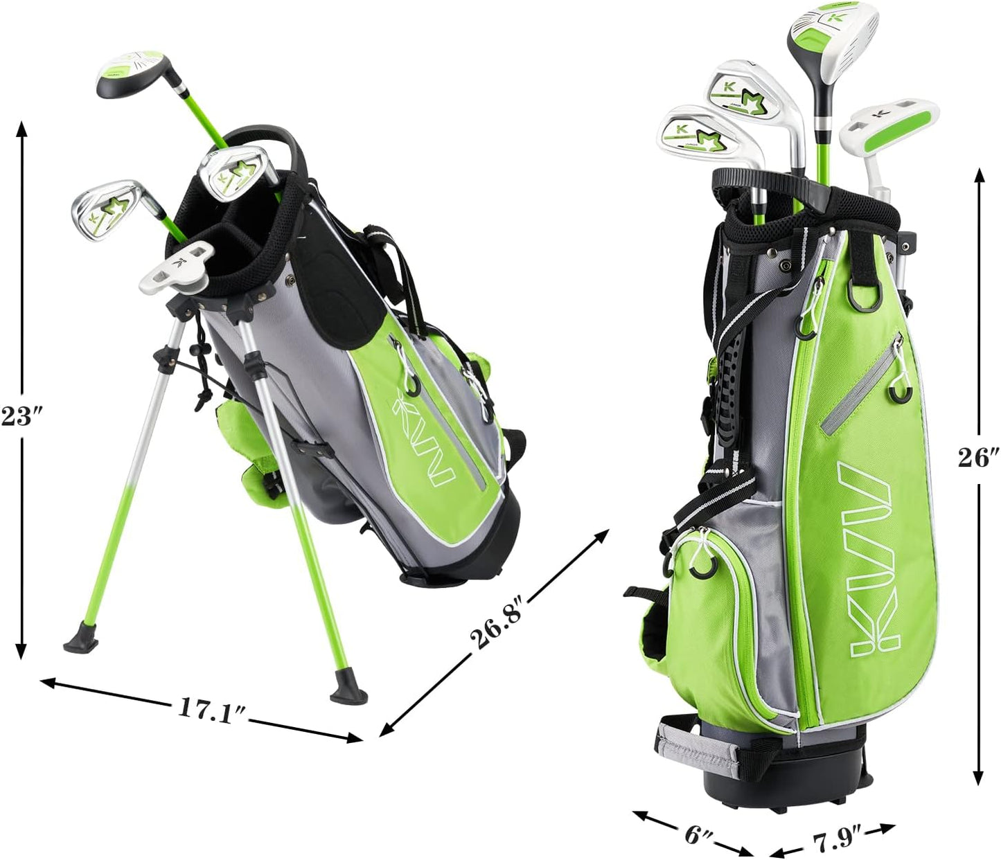 KVV Junior Complete Golf Club Set for Kids/Children Right Hand, Includes Oversize Driver, Irons, Putter, Head Cover, Portable Golf Stand Bag
