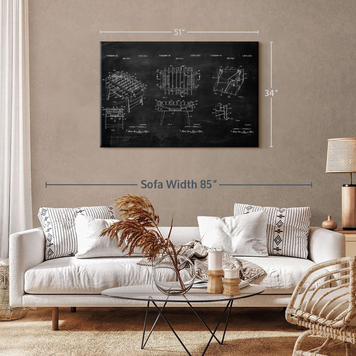 ElephantStock Soccer Table BW Patent Wall Art - Horizontal Wrapped Canvas - 1-Piece Living Room Wall Decor - Soccer Digital Art Canvas Print - Black and White Decor - 51" X 34"