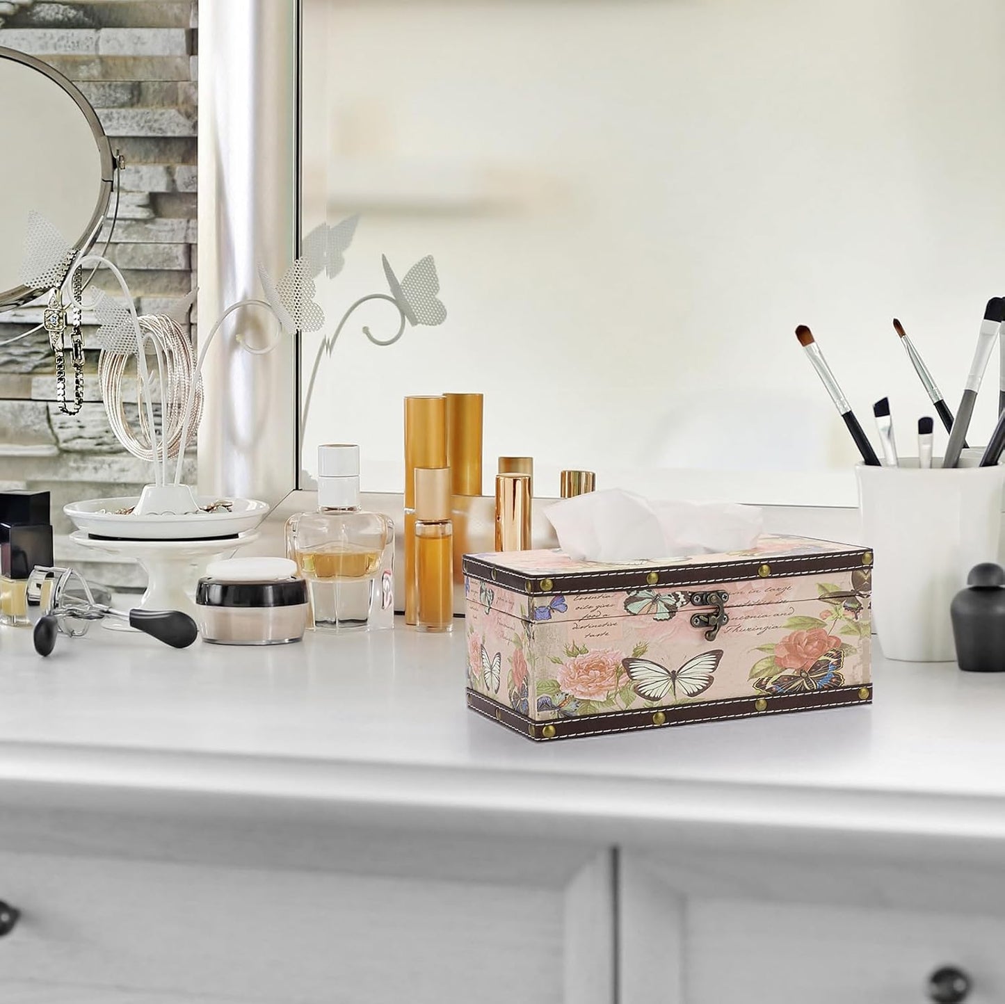 Sumnacon Tissue Box Cover Rectangle Tissue Box with Lid,Wood Tissue Box Holder with PU Cover and Vintage Pattern,Retro Tissue Cover for Bathroom Toilet Living Room Table Desk Office Car Decor, Pink