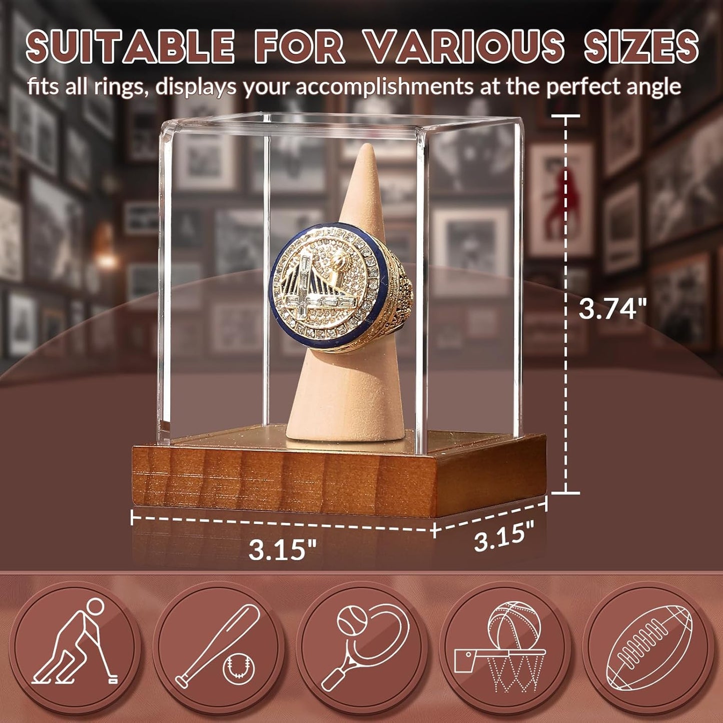 JupDec Championship Ring Display Case, Clear Acrylic Single Ring Holder with Wood Stand Base for Sports Basketball Baseball Fan Souvenirs Military, UV Protection