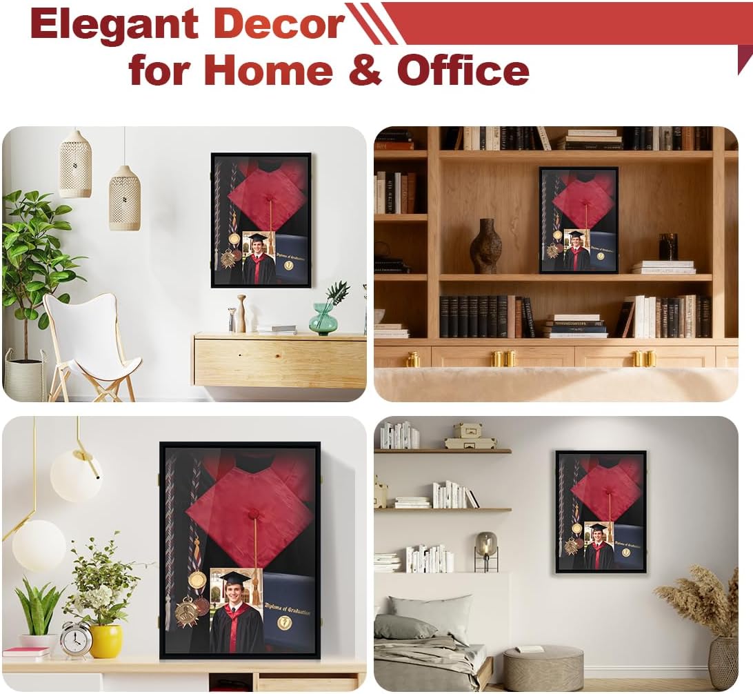 Graduation Shadow Box 17x23 Inch - Large Deep Display Frame for Cap, Gown, Diploma & Awards - College University Keepsake Memory Box in Black