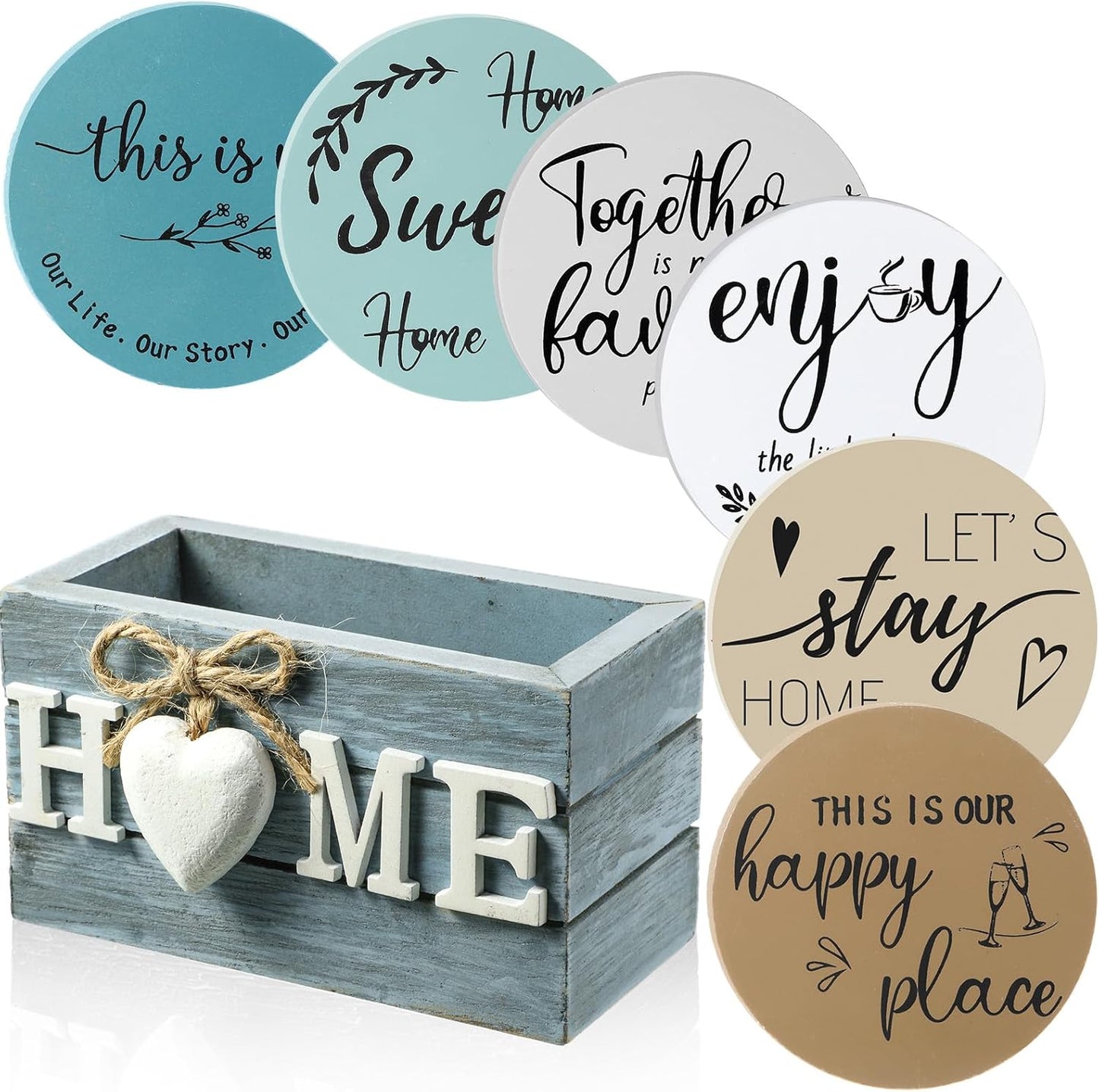 Queekay Housewarming Gifts for Home Decoration Wooden Heart Coasters for Drinks 6 Set Farmhouse Coasters with Holder Funny for Family Coffee Table Protection, 4''(Ocean Color)