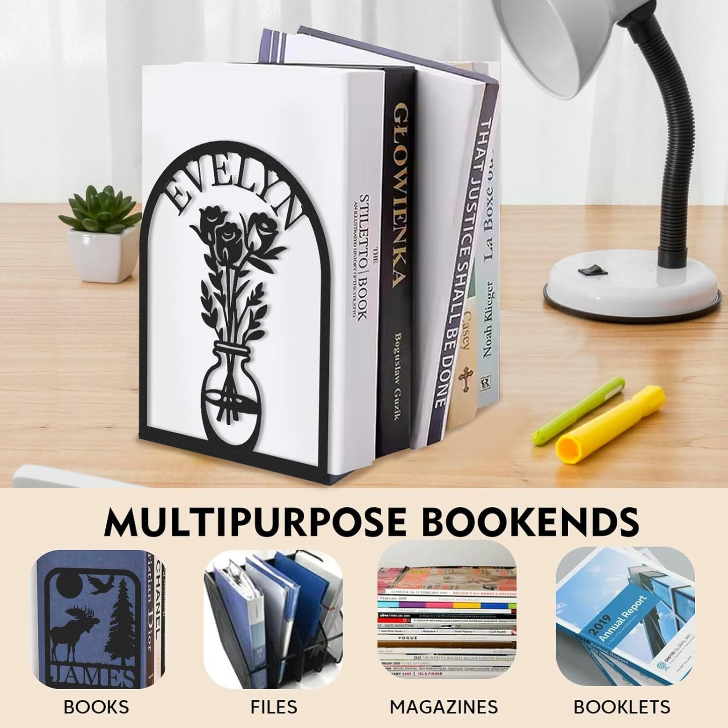 Custom Name Metal Book Ends 2 Pcs, Unique Bookends for Shelves Room Decorative, Heavy Duty Metal Bookends, Non-Slip Book Stopper, Book Shelf Holder for Home Office School, Book Lovers Gifts