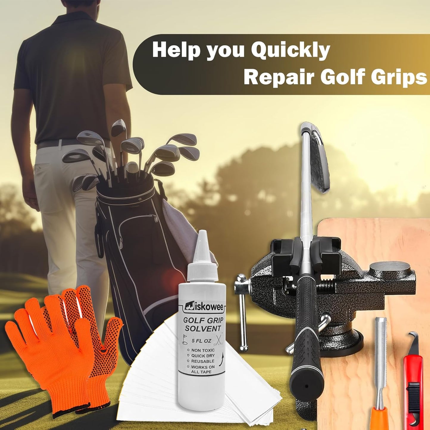 Golf Club Grip Vise Clamp Kit, 360° Swivel Portable Table Vise, Golf Club Calibration Tool, Club Grip Replacement Tool, Suitable for Golf Club Grips (with Solvent)