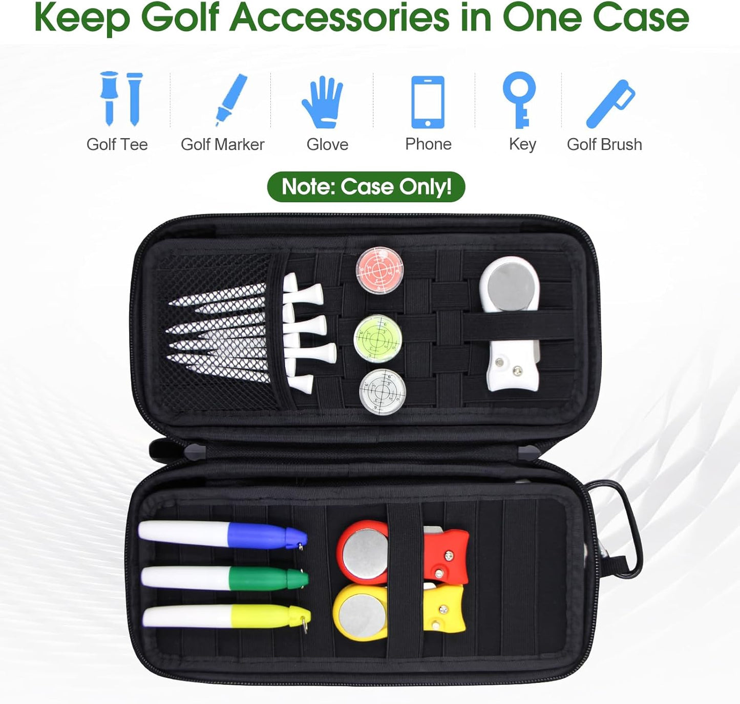 Golf Glove Holder Case with Removable Golf Glove Shaper, Organizer Bag Accessories for Phone, Tees, Divot Tools & Ball Markers, Ideal Gifts for Men