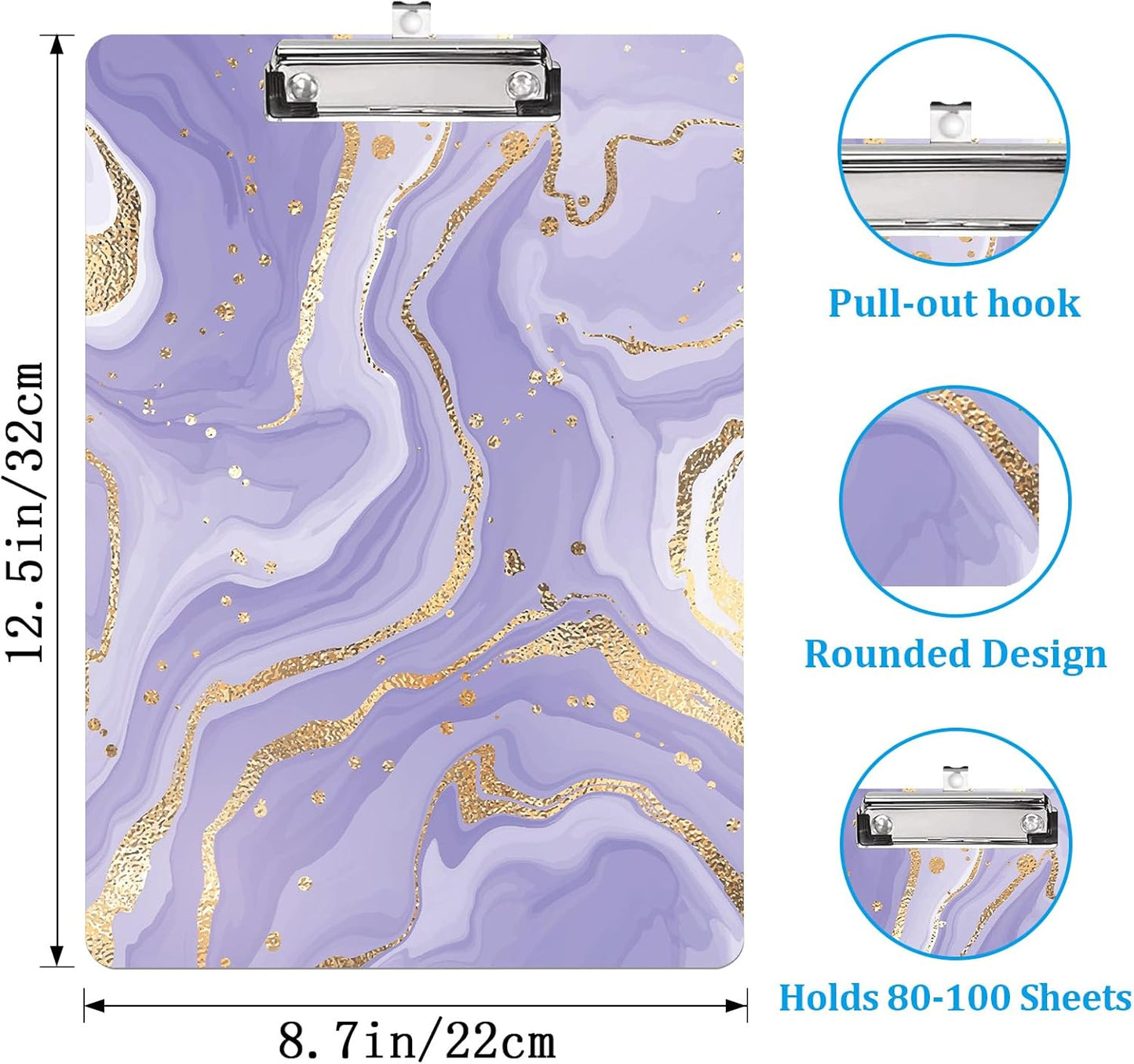 Purple Marble Design Letter Size Plastic Clipboards for Students Women Man and Kids A4 Standard Size 8.7 x 12.5 with Low Profile Metal Clip