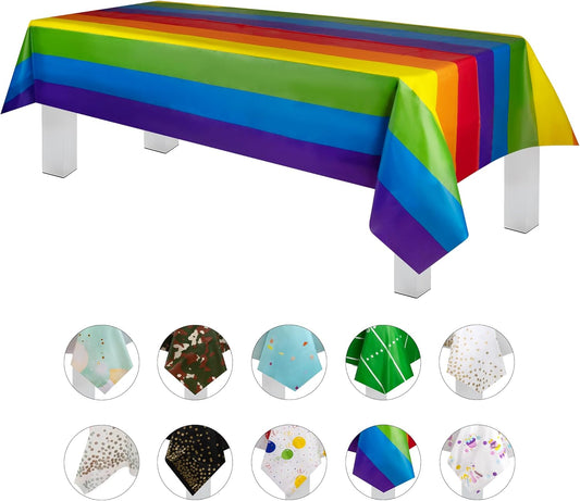 Grandipity Carnival Pride Rainbow Banner Theme 12 Pack Premium Disposable Plastic Tablecloth 54 Inch. x 108 Inch. Decorative Rectangle Table Cover