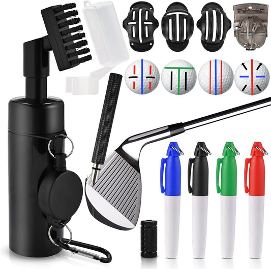 GOLDGE 10pcs Complete Golf Essentials Kit - Including Pro Club Brush Cleaner with Retainer Clip, Squeeze Water Bottle, Groove Sharpener & 8 Pcs Precision Ball Markers (4 Stencils & 4 Markers)