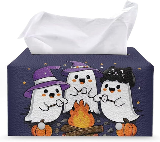 Halloween Tissue Box Cover Home Decor Cute Ghost Tissue Cover Leather Napkin Holder Organizer Rectangular Design Fit Size 9.7"x5.2"x5.12"