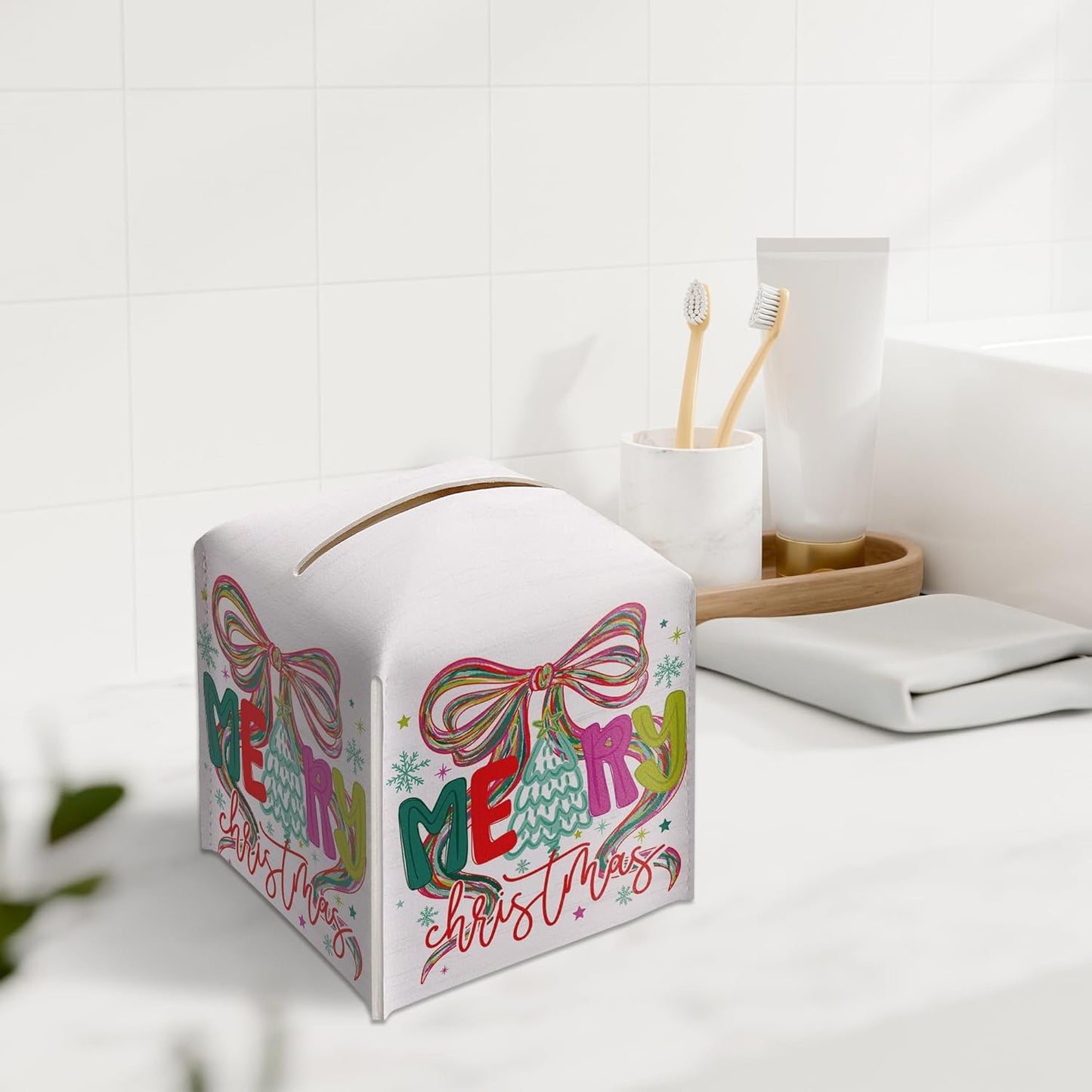 Merry Christmas Tissue Box Holder, Bow Christmas Tree Leather Tissue Box Cover Square, Paper Facial Decorative Tissues Cover for Night Stands Bathroom Kitchen Office Home Decor-B28