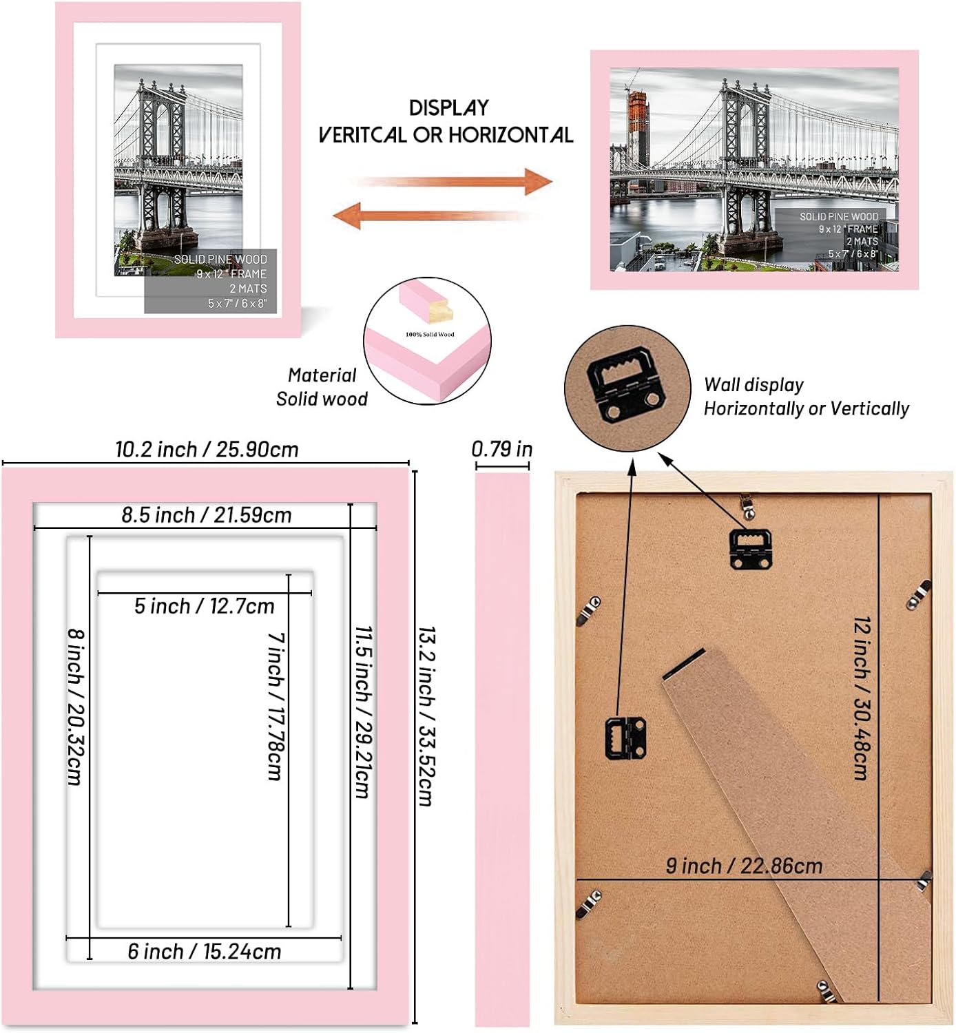 9x12 Picture Frames Solid Wood Display Pictures 6x8 or 5x7, 9x12 Frame Poster Photo Frame Art with 2 Mats for Wall Mounting or Table Top (Pink)