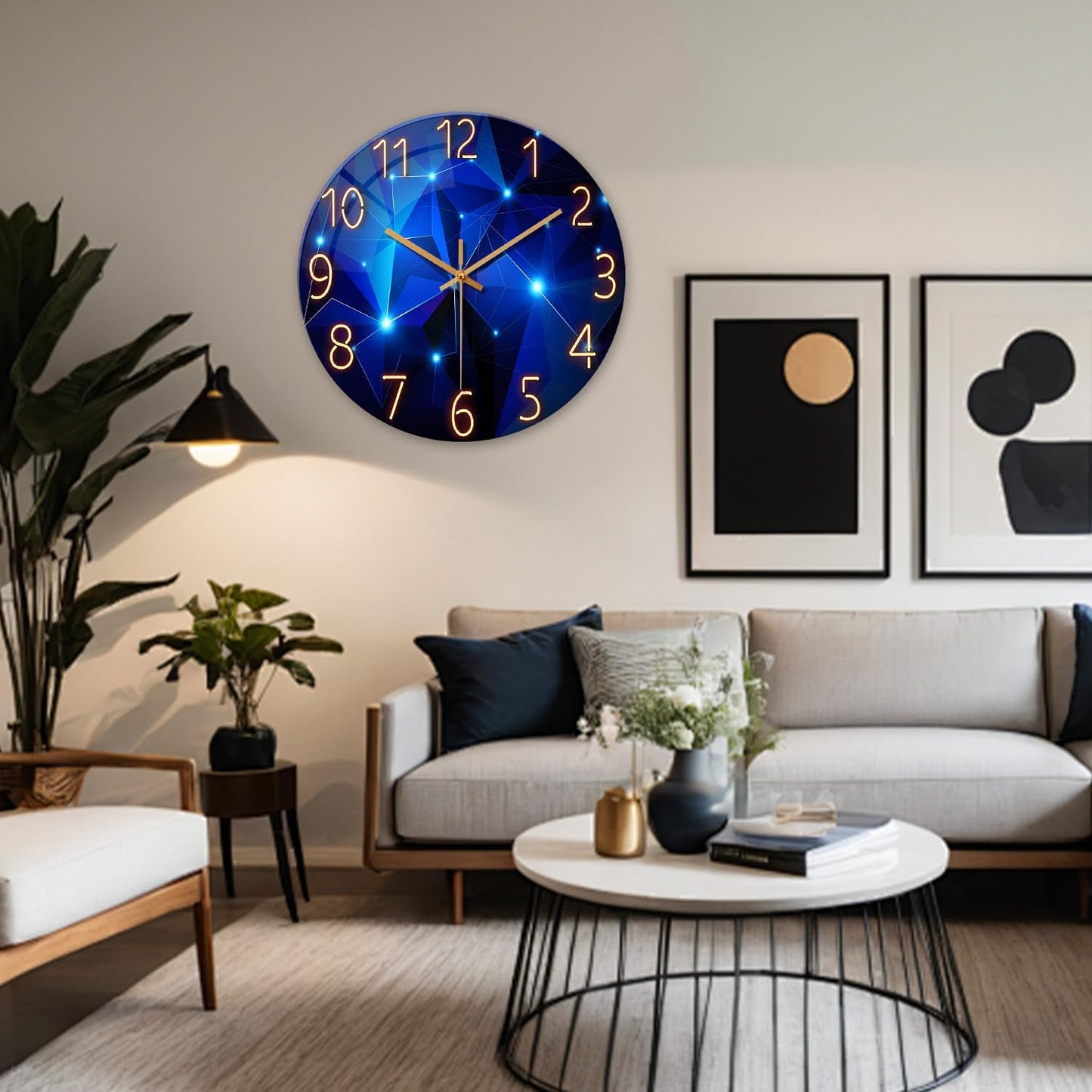 Extra Large Wall Clocks for Living Room Decor 24 Inch Glass Blue Clock Battery Operated Analog Silent Wall Clock Modern