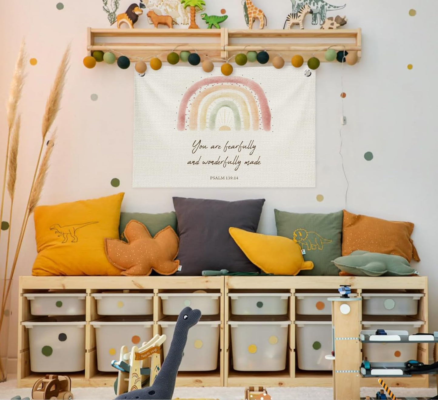 Kids Playroom Wall Decor,Christian Classroom Play Room Decor,Rainbow Bible Verse You are Fearfully and Wonderfully Made Canvas Banner Flags for Classroom, Nursery, Kids Room, Playroom,30x20 In