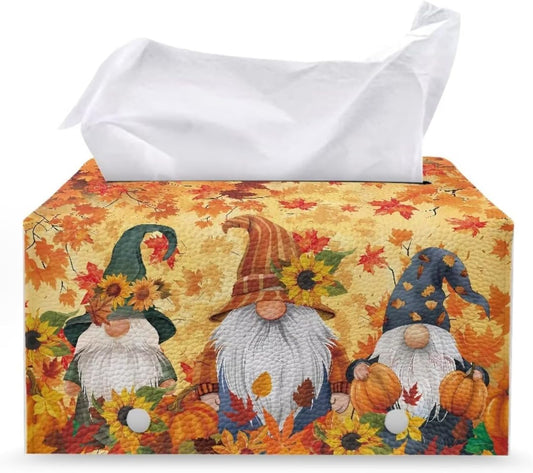 Cute Dwarf Tissue Box Cover Waterproof PU Leather Facial Tissue Holder Thanksgiving Decorative Facial Napkin Organizer with Bottom Belt for Tabletop, Countertop, Night Stands
