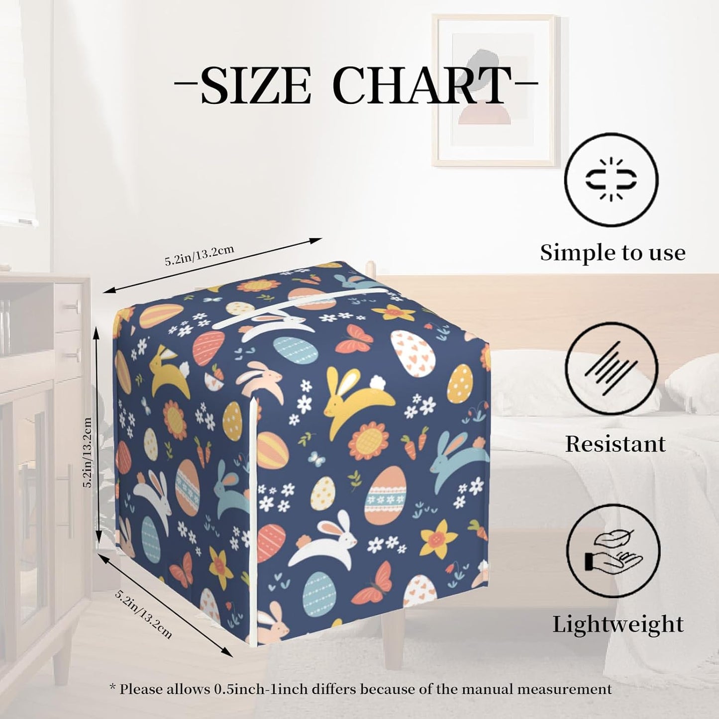 Tissue Box Cover Holder, Colorful Easter Bunnies Eggs and Flowers PU Leather Square Tissue Box Cover Decorative Organizer for Bathroom Kitchen Bedroom Vanity Countertop Night Stands