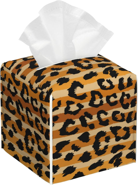 Leopard Prints Tissue Box Cover Square,Sand Leopard Stripes Tissue Box Holder Waterproof Leather Facial Paper Organizer Dispenser for Bathroom Home Car Nightstand Vanity Desk