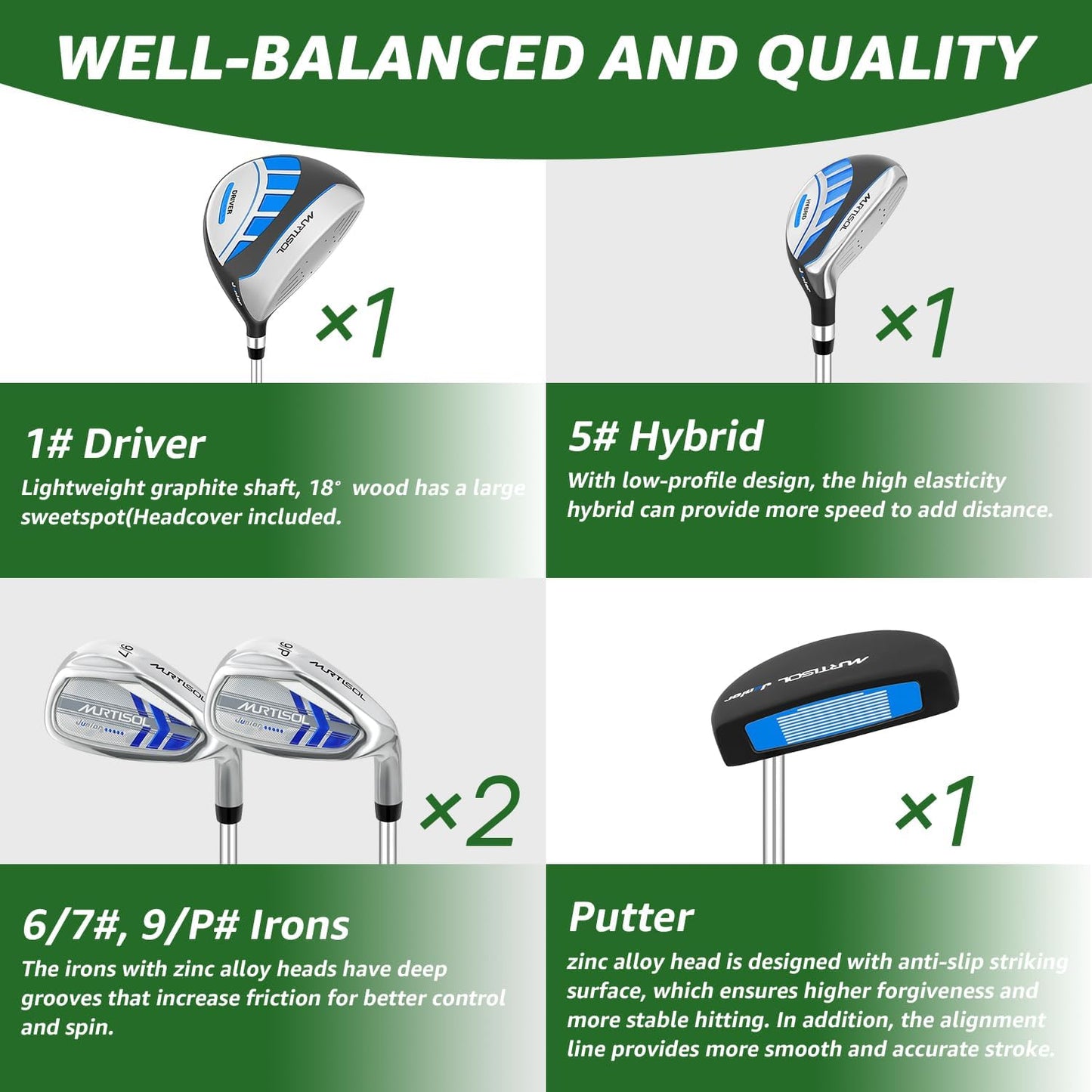 5/6 Pieces Kids Golf Club Set, Junior Golf Club Set Ages 4-12 Includes Stand Bag, 1# Drive, 5# Hybrid, 6/7#, 9/P# Irons and Putter Right Hand for Boys Girls