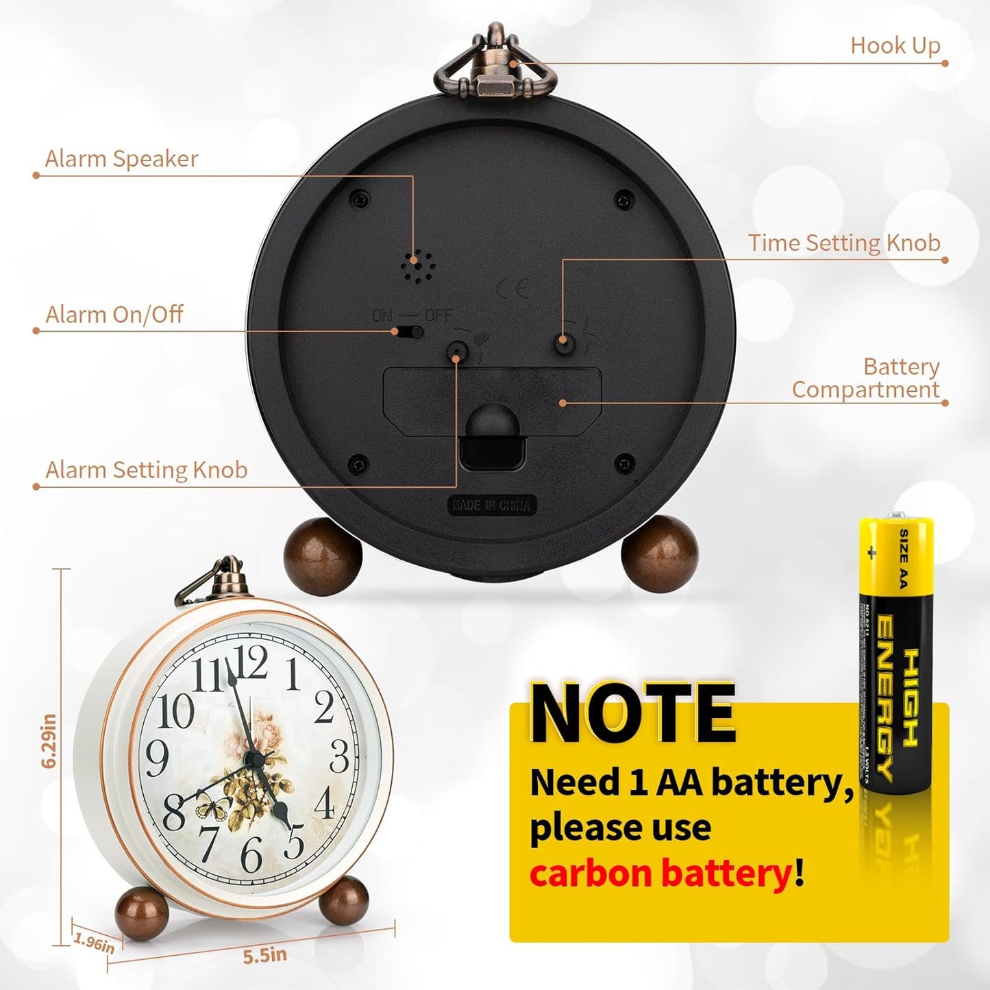 Maxspace Classic Vintage Analog Clock - Elegant and Decorative With Distressed Metal Frame for Office, Living Room or Bedroom - Silent Non-Ticking