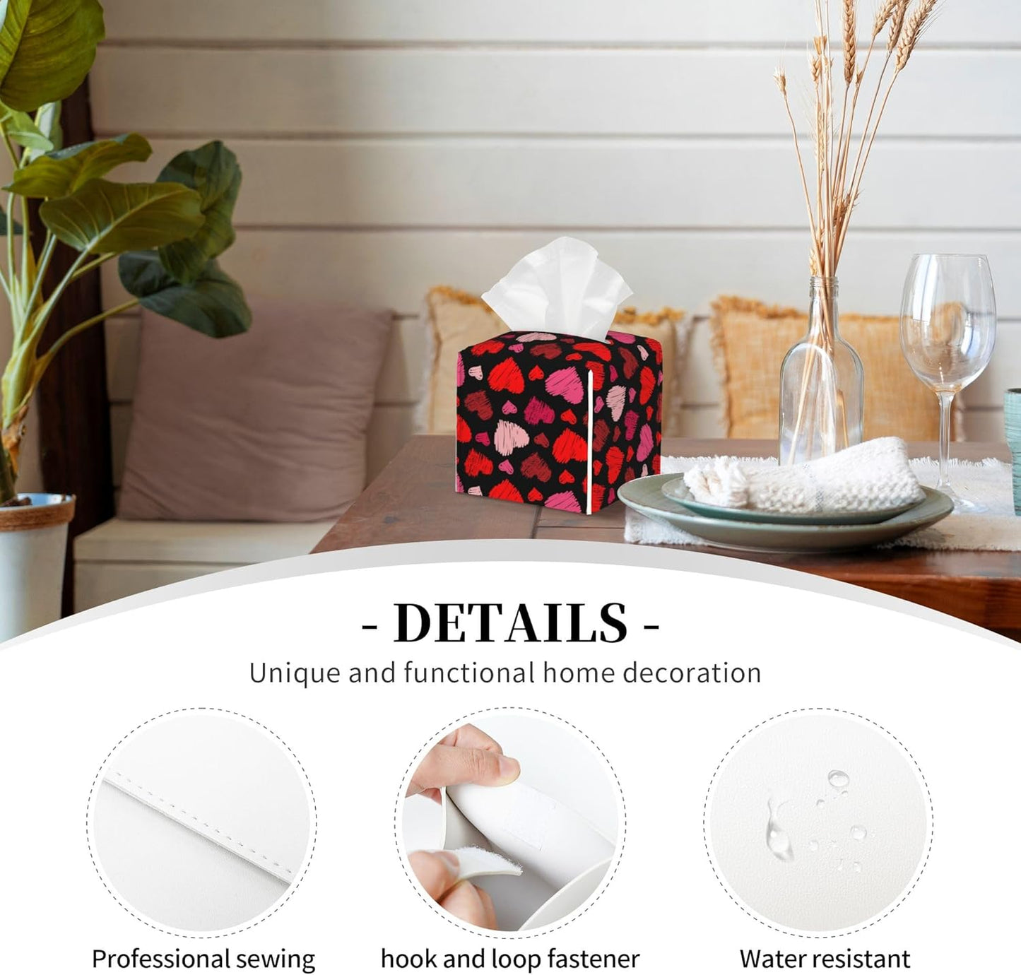 Tissue Box Cover, Colorful Hearts Pu Leather Square Tissue Box Cover Case Organizer Cube Box Holder for Bathroom Vanity Countertop, Night Stands, Office Desk & Car 5.2X5.2X5.2''