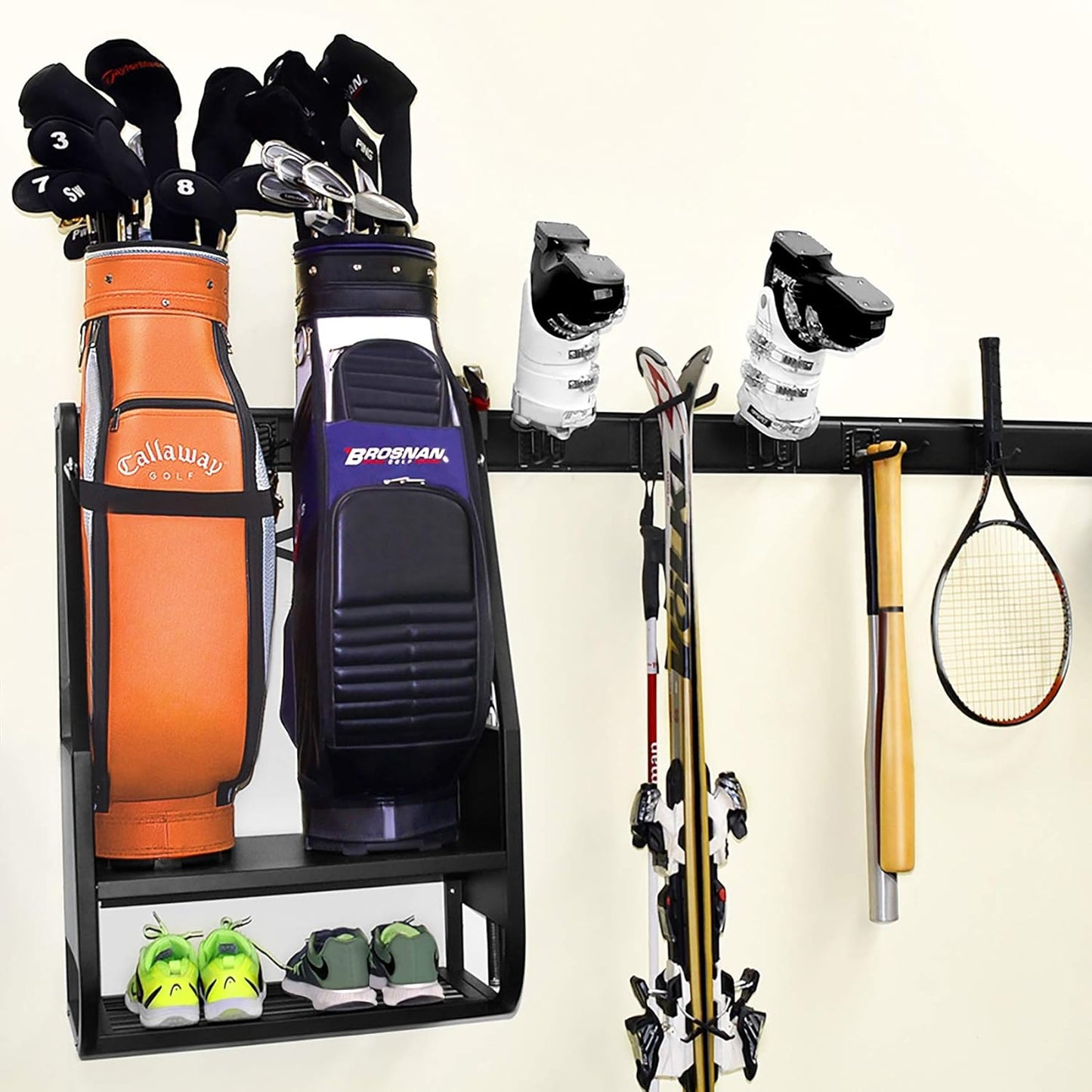 WALMANN Wall Mount Golf Bag Organizer Extra Large 2 Golf Bags Stand Golfing Equipment and Accessories Storage Rack for Garage Shed Basement