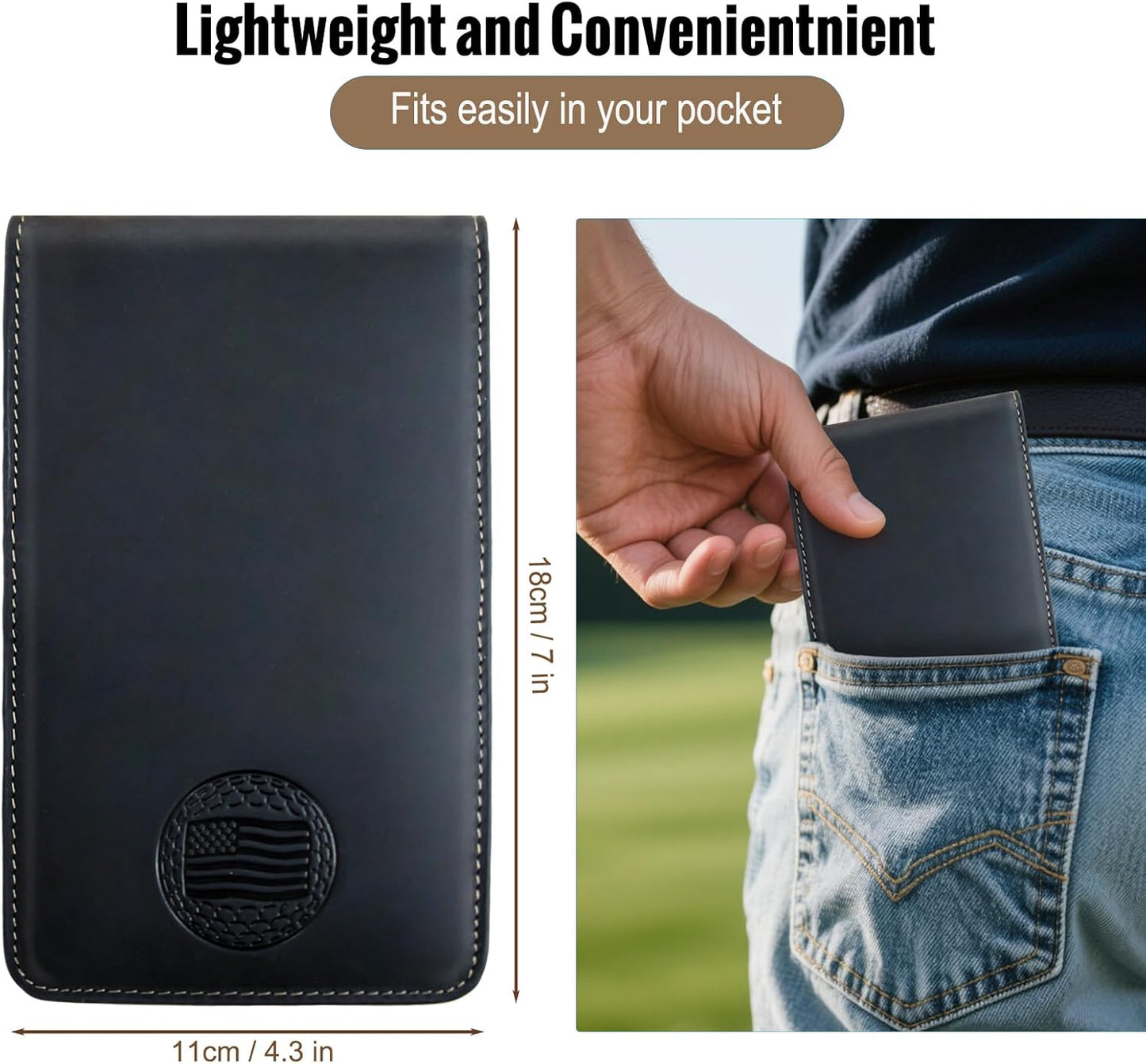 Leather Golf Scorecard Holder: USA Genuine Crazy Horse Leather Golf Yardage Book Cover with 1 Scorecard 1 Pencil Golf Notebook Back Pocket Cool Golf Gifts for Him Golfers Men