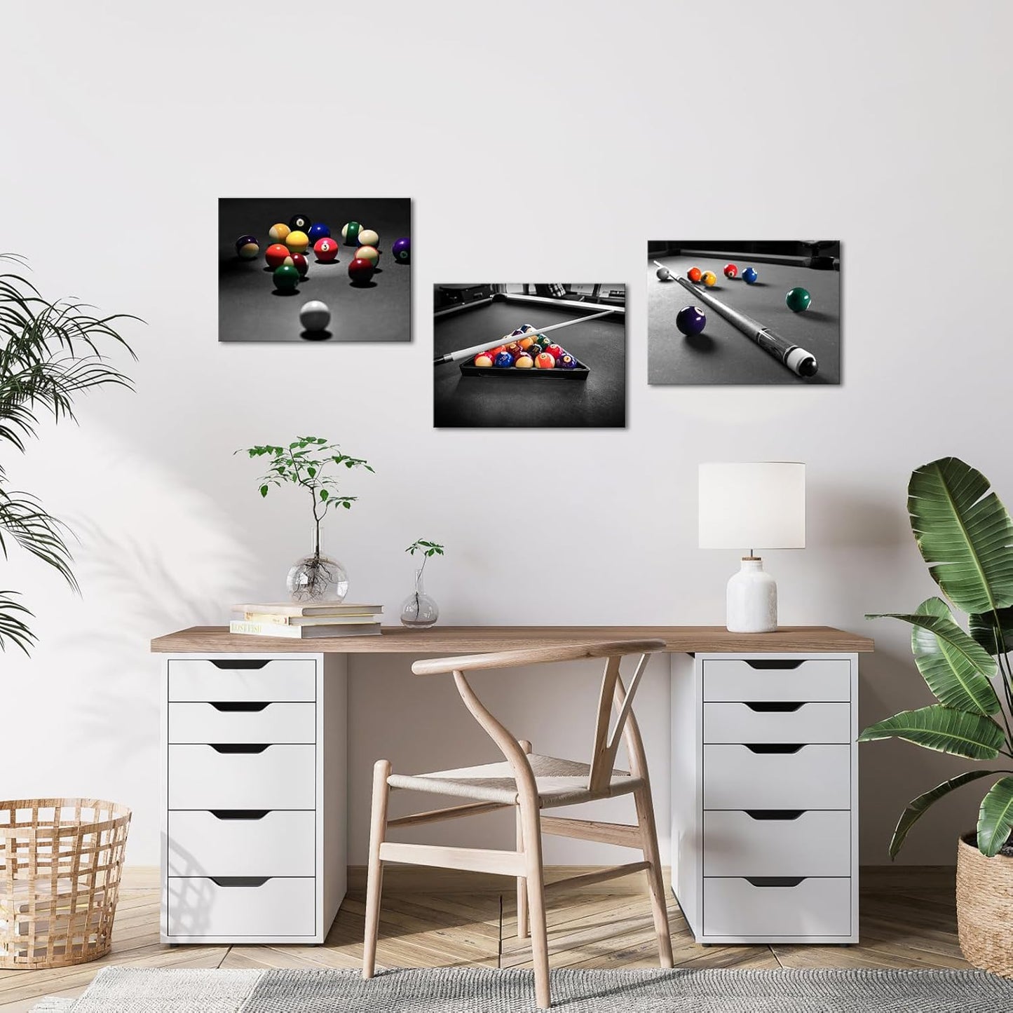 Apicoture Billiards Art Picture Wall Decor - Black And White Billiard Balls Pool Table Room Wall Decor Billiards Poster Prints Framed For Mens Berdroom Office Room Wall Art Ready To Hang (12"x16"x3Panels)