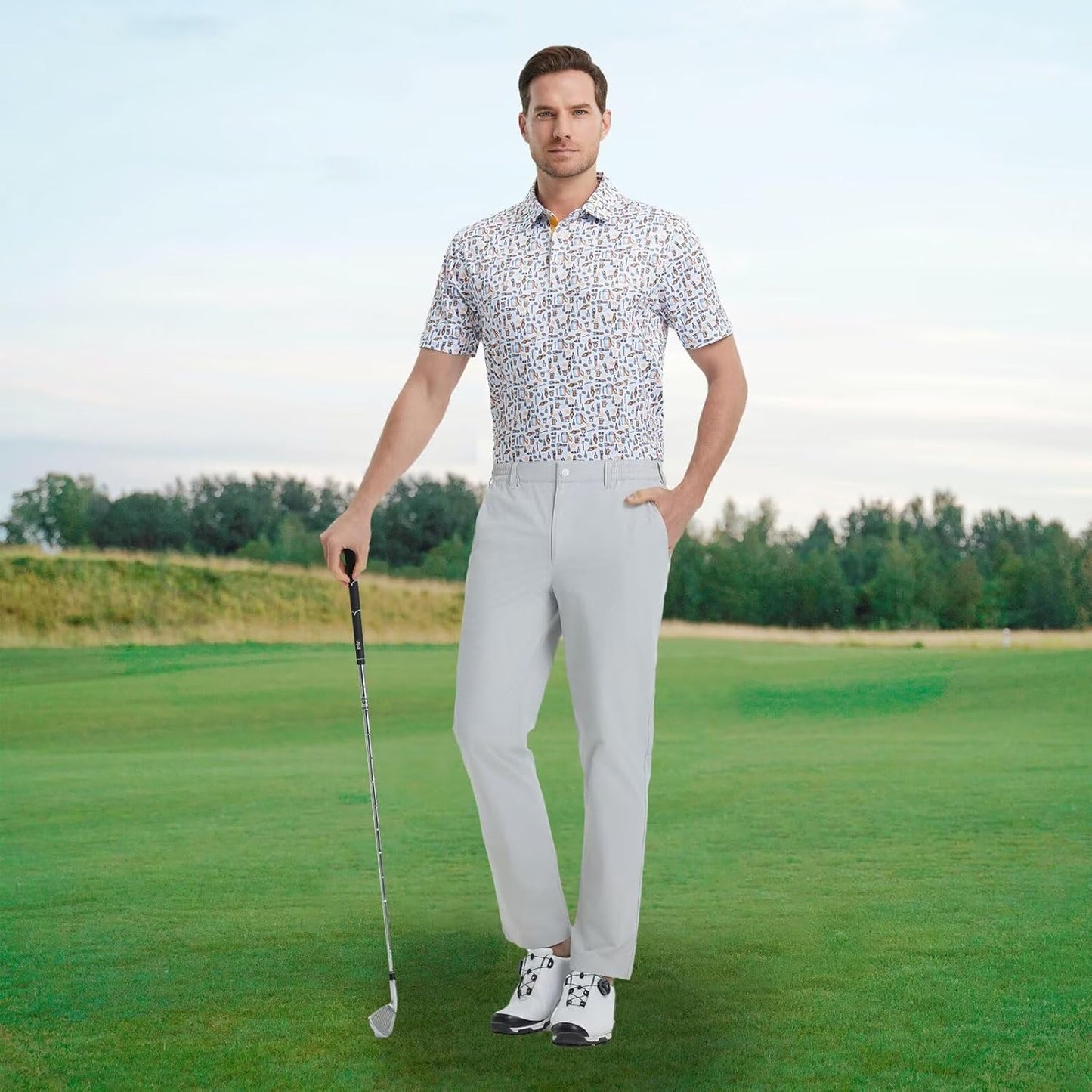 M MAELREG Mens Golf Shirt Short Sleeve Dry Fit Print Moisture Wicking Performance Patterns Collared Polo Shirt