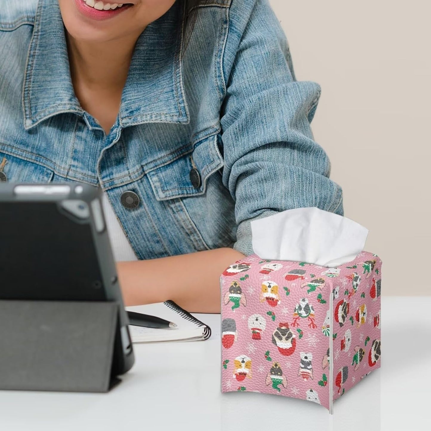 Pink Christmas Tissue Box Cover Funny Animal Print Soft Leather Tissue Cover Square Home Office Holiday Decorative Tissue Box Holder Organizer for Desk Bathroom Vanity Countertop