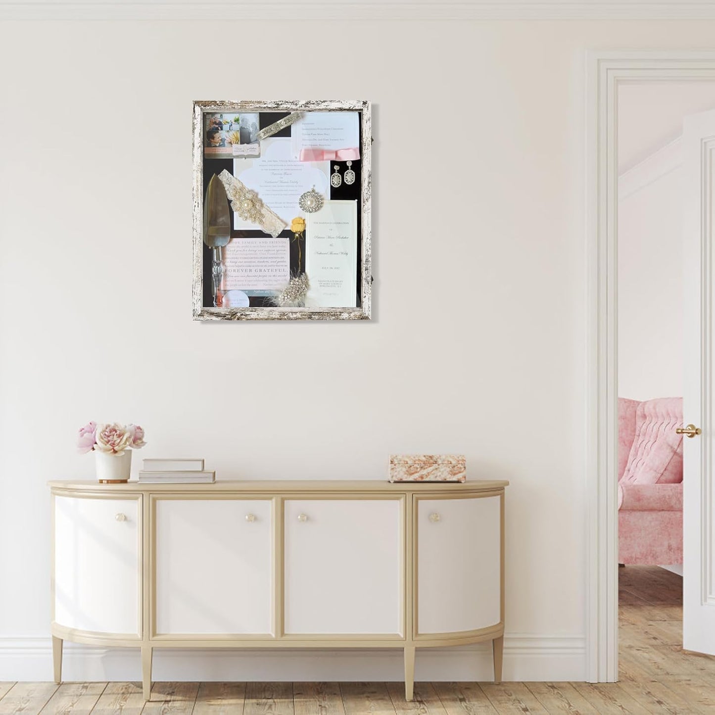 GraduatePro Shadow Box Frame 16x20 Display Case with Linen Back, Plexiglass Window Door with Hinge, Picture Frame Wedding Bouquet Memorabilia Medals Photos Memory Box for Keepsakes Rustic White