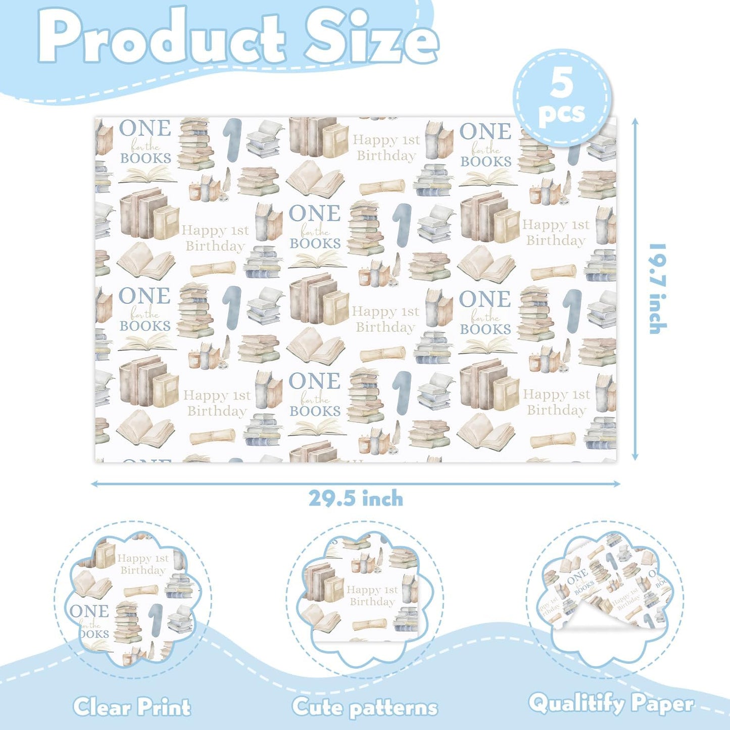 MJSXY Book Themed Party Decorations,1st Birthday Wrapping Paper,5 Sheets 19.6x27.5 Inch Wrapping Paper with Cute Books for Boy Girl First Birthday, Baby Shower Gifts